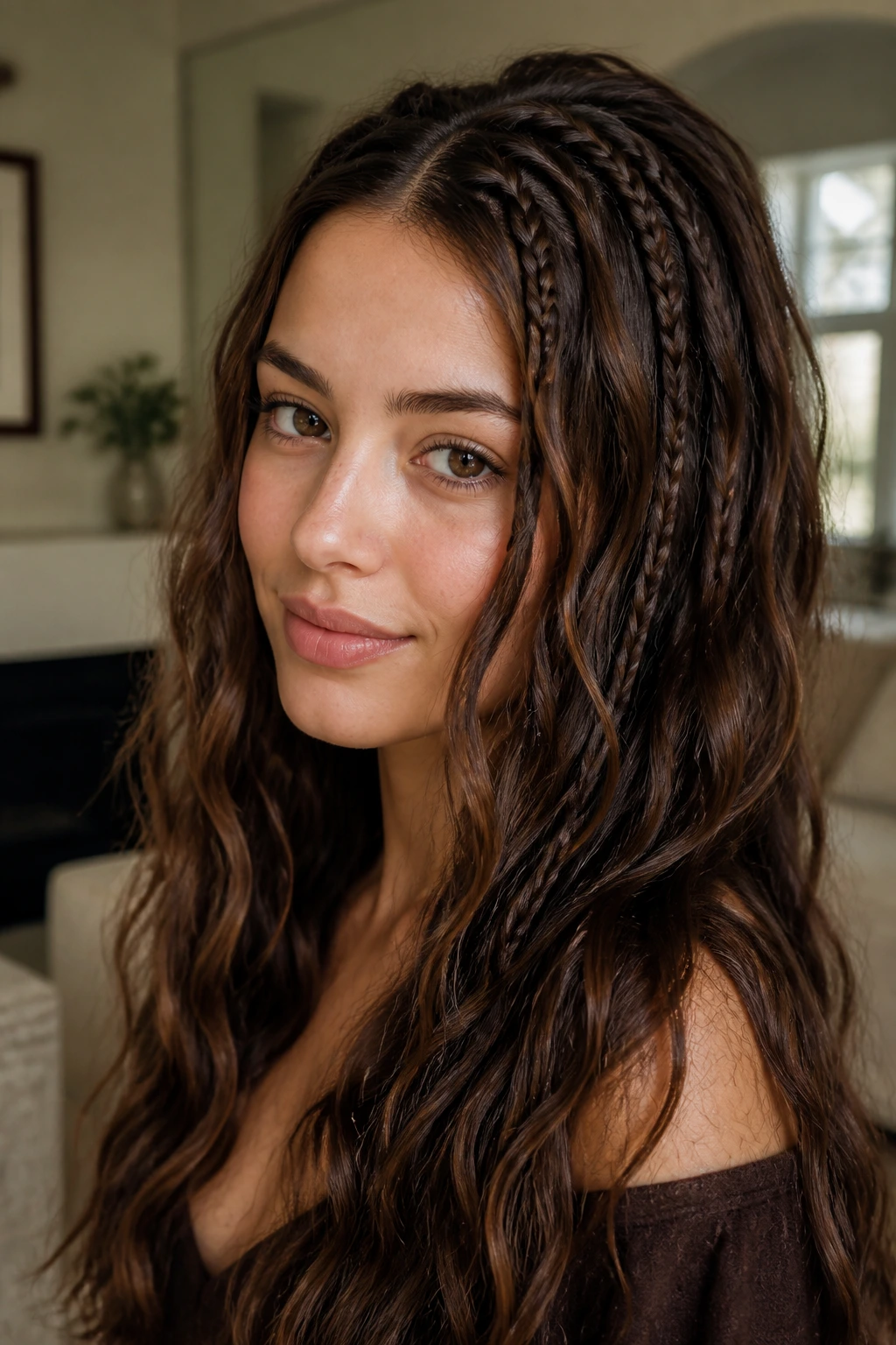 Close-up of a real woman with mini braids threaded through waves in a Y2K look