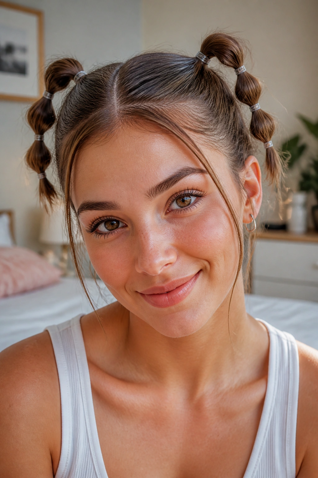 Close-up of a real person with two mini bubble pigtails in a bright bedroom