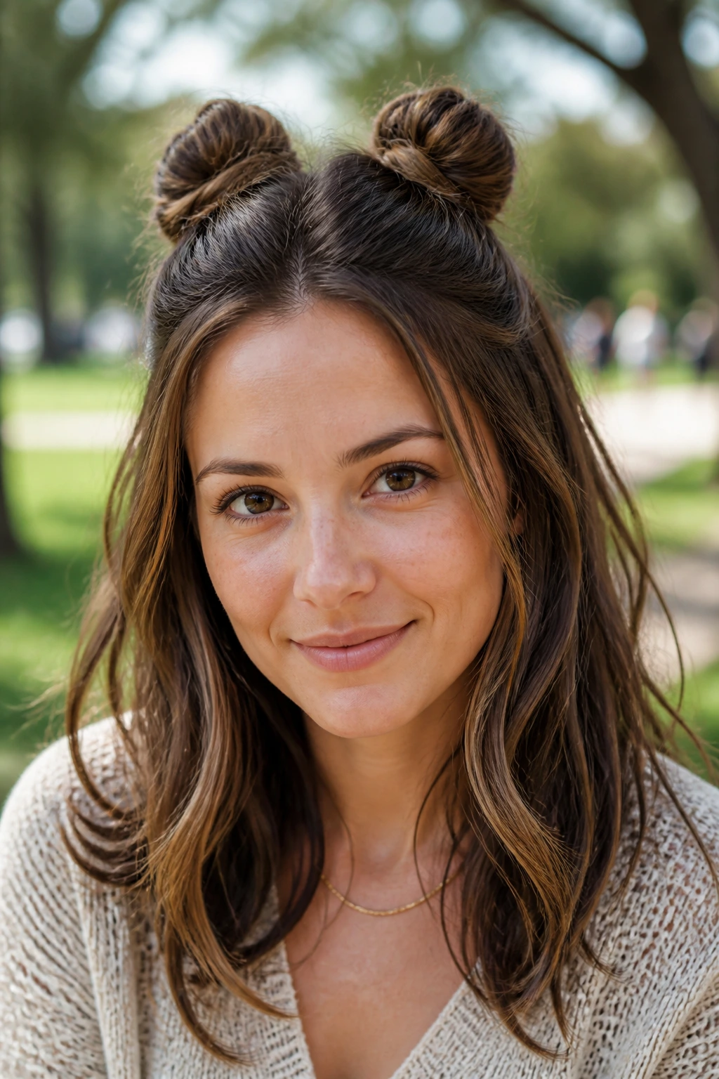 Close-up portrait of a real woman with two mini buns in a half-up hairstyle