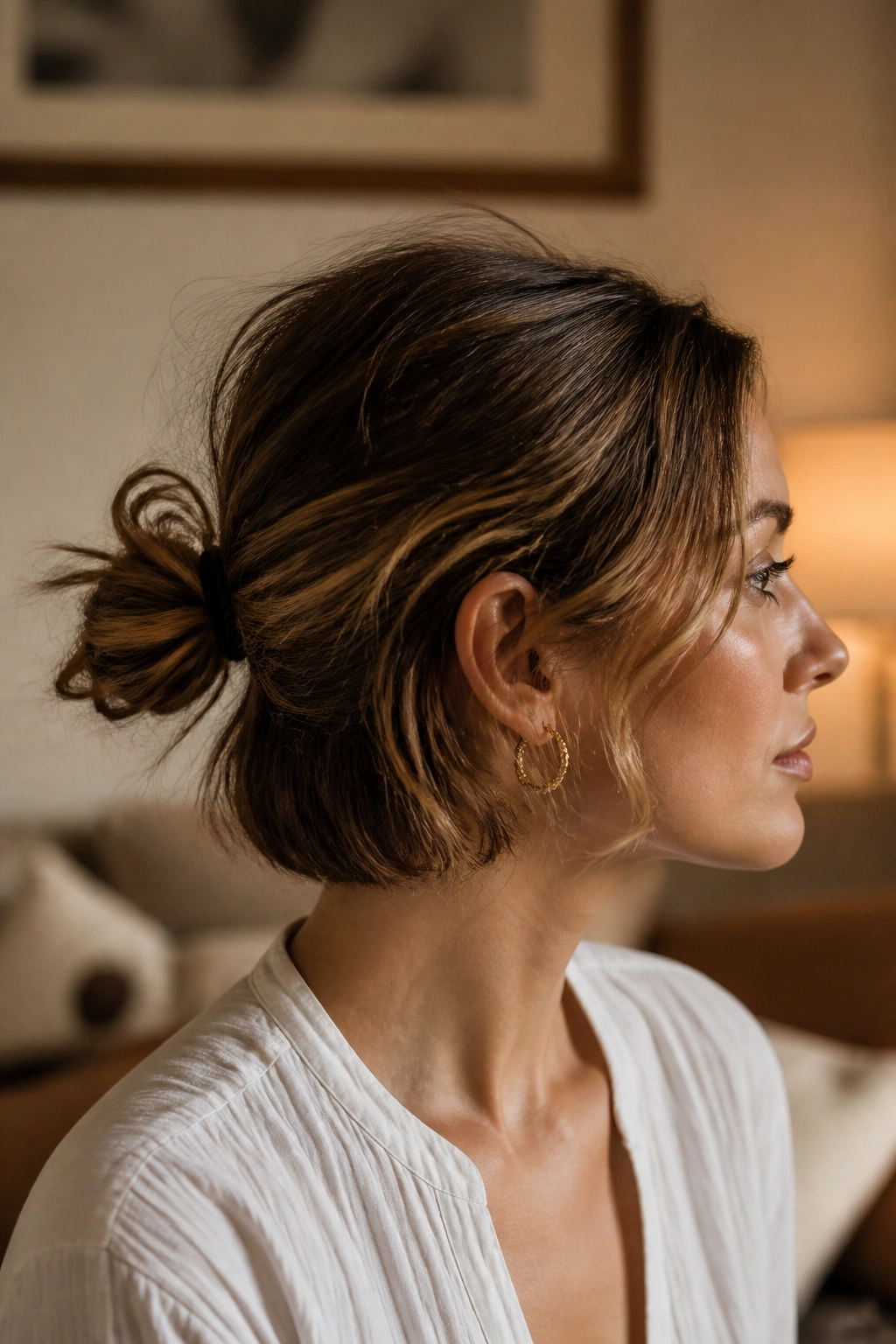 Close-up of a real woman with a messy mini bun on short hair.