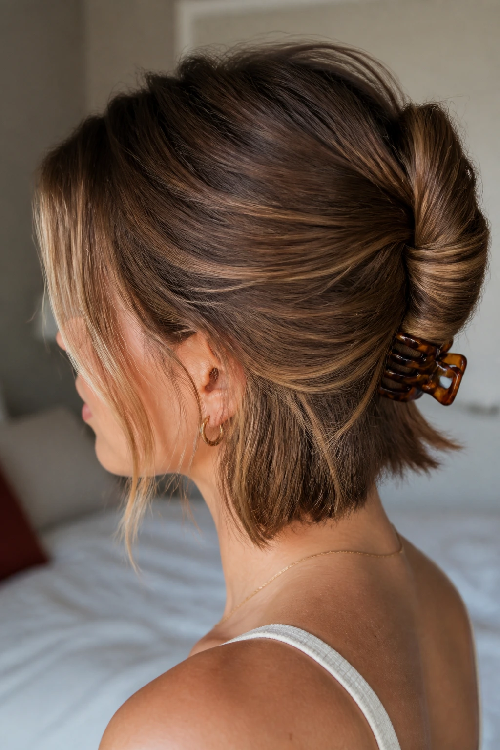 Profile shot of a real woman showing a mini claw-clip French twist at the nape
