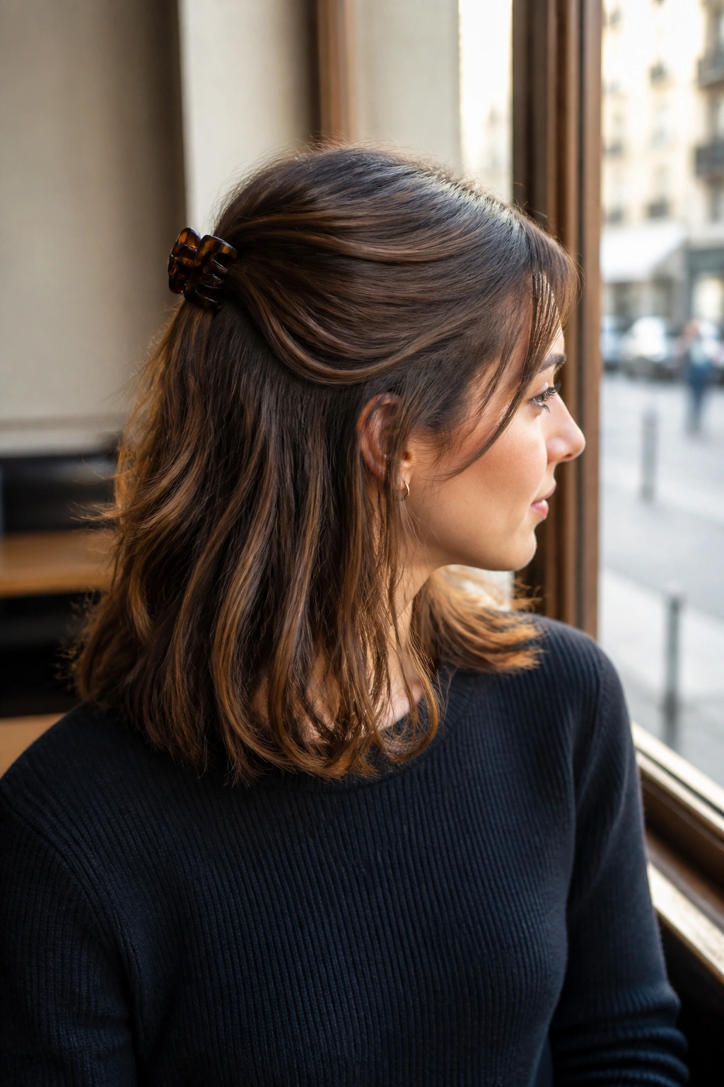 Close-up of real woman's head showing a Mini Claw Clip Half-Up hairstyle.