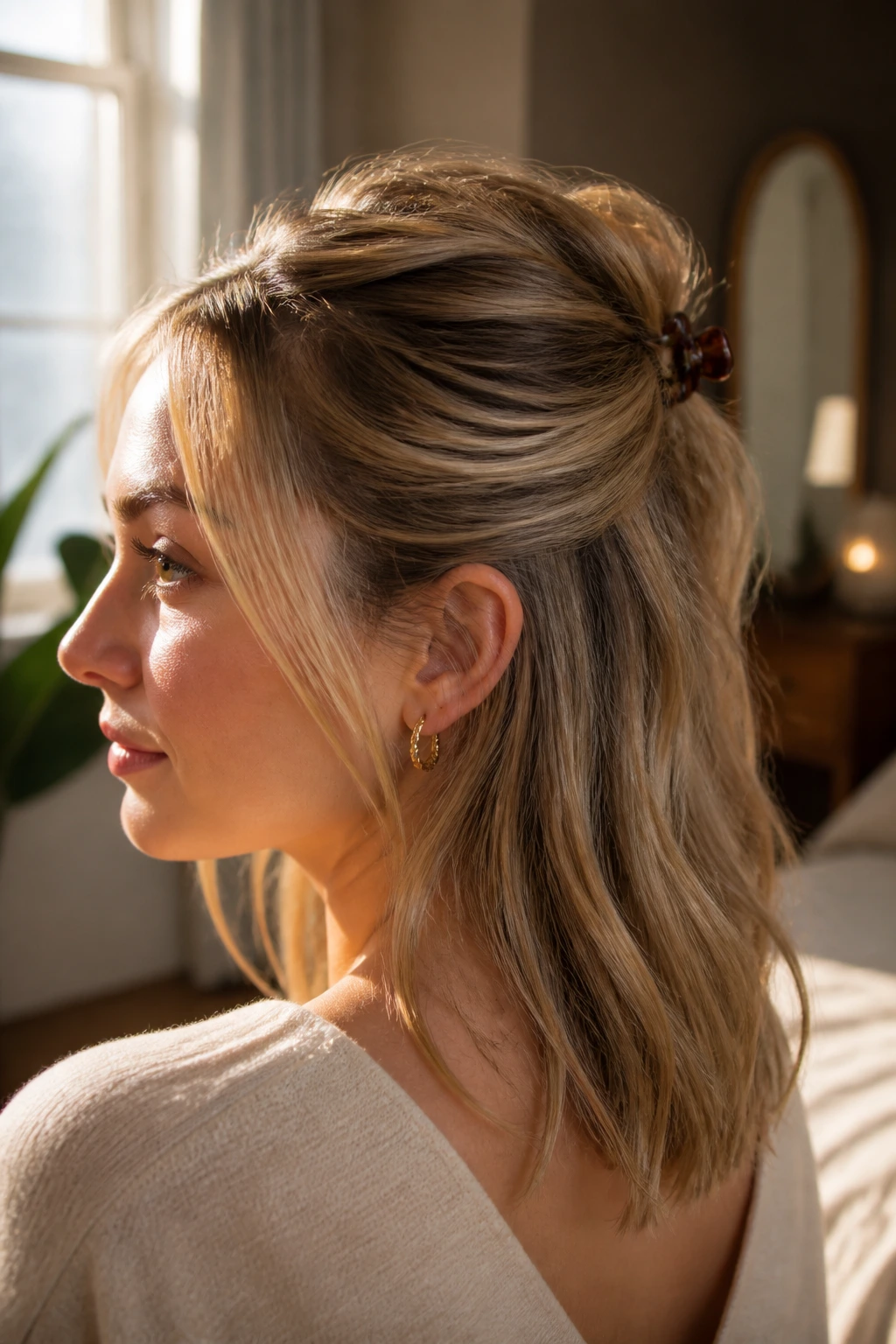 Close-up of a real woman with a mini claw-clip half-up hairstyle