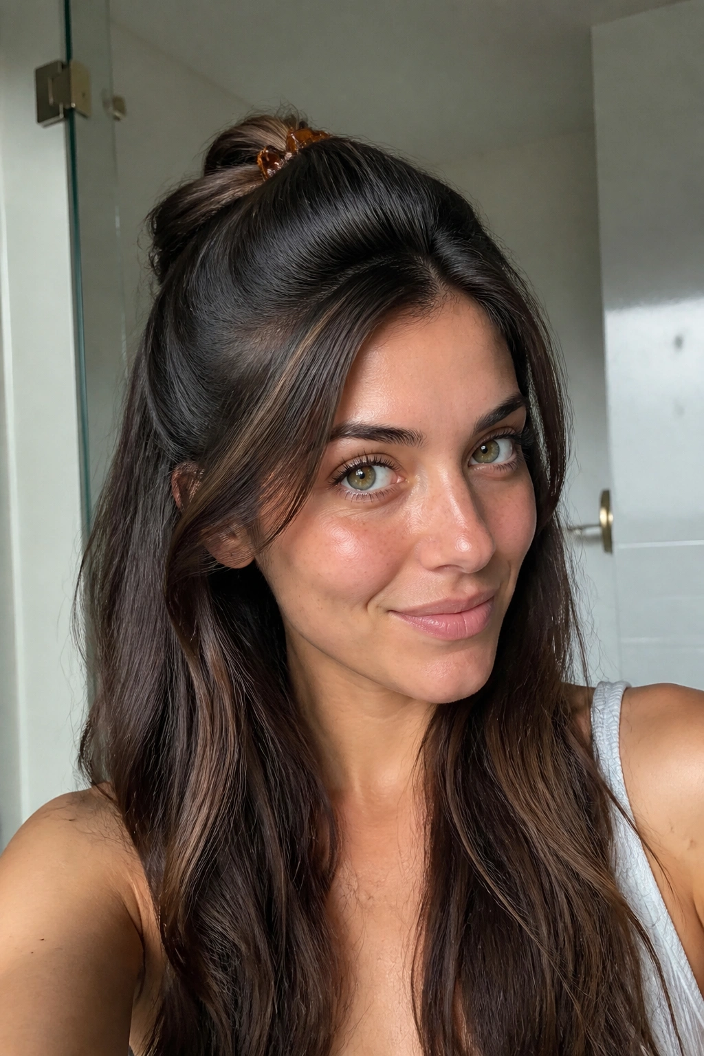 Close-up portrait of a real woman wearing a mini claw clip Half Up hairstyle.