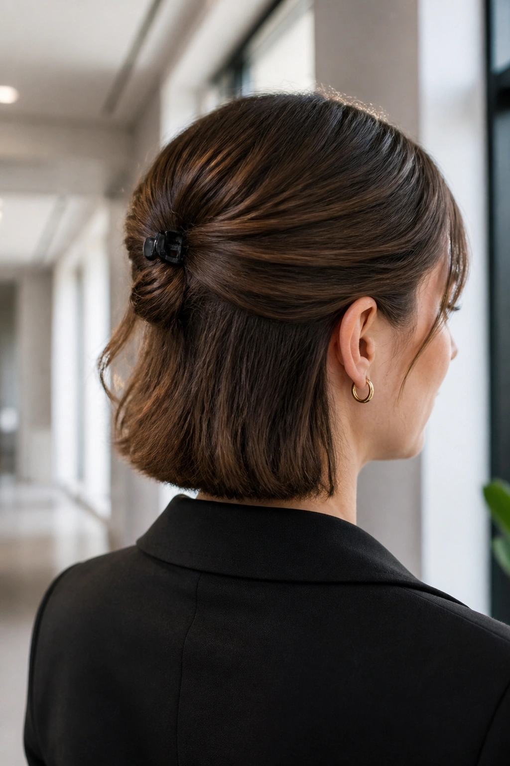 Close-up portrait of a real woman with a mini claw-clip twist hairstyle in a bright office hallway