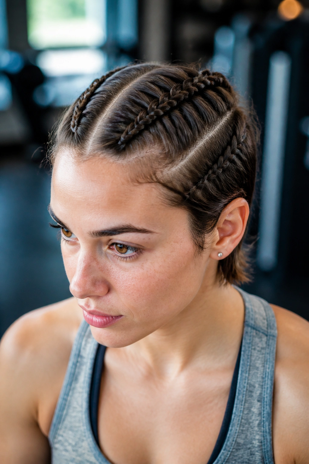 Close-up of real person with two mini Dutch braids on top of the head