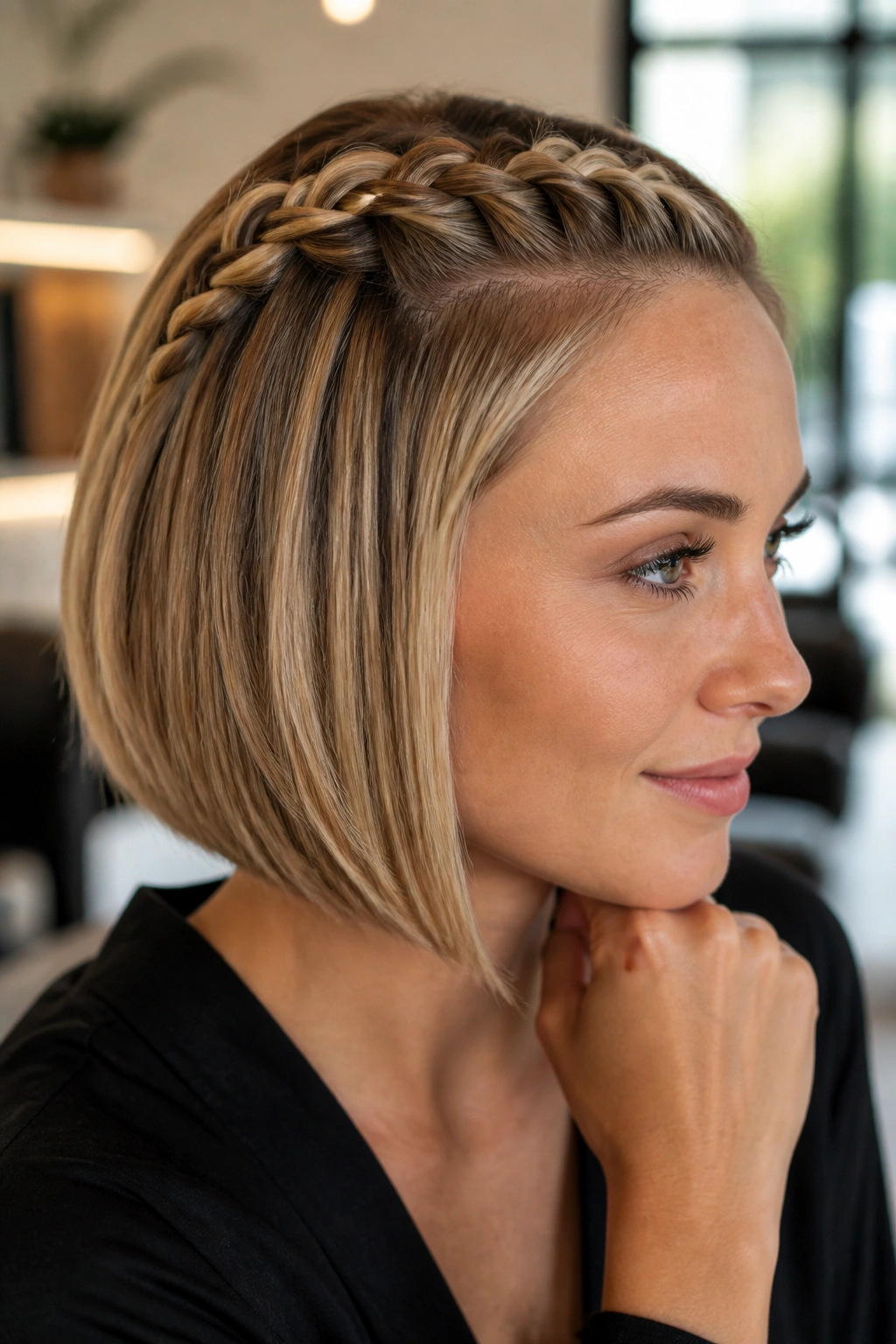 Close-up of a real woman with a tiny Dutch crown braid on a bob.