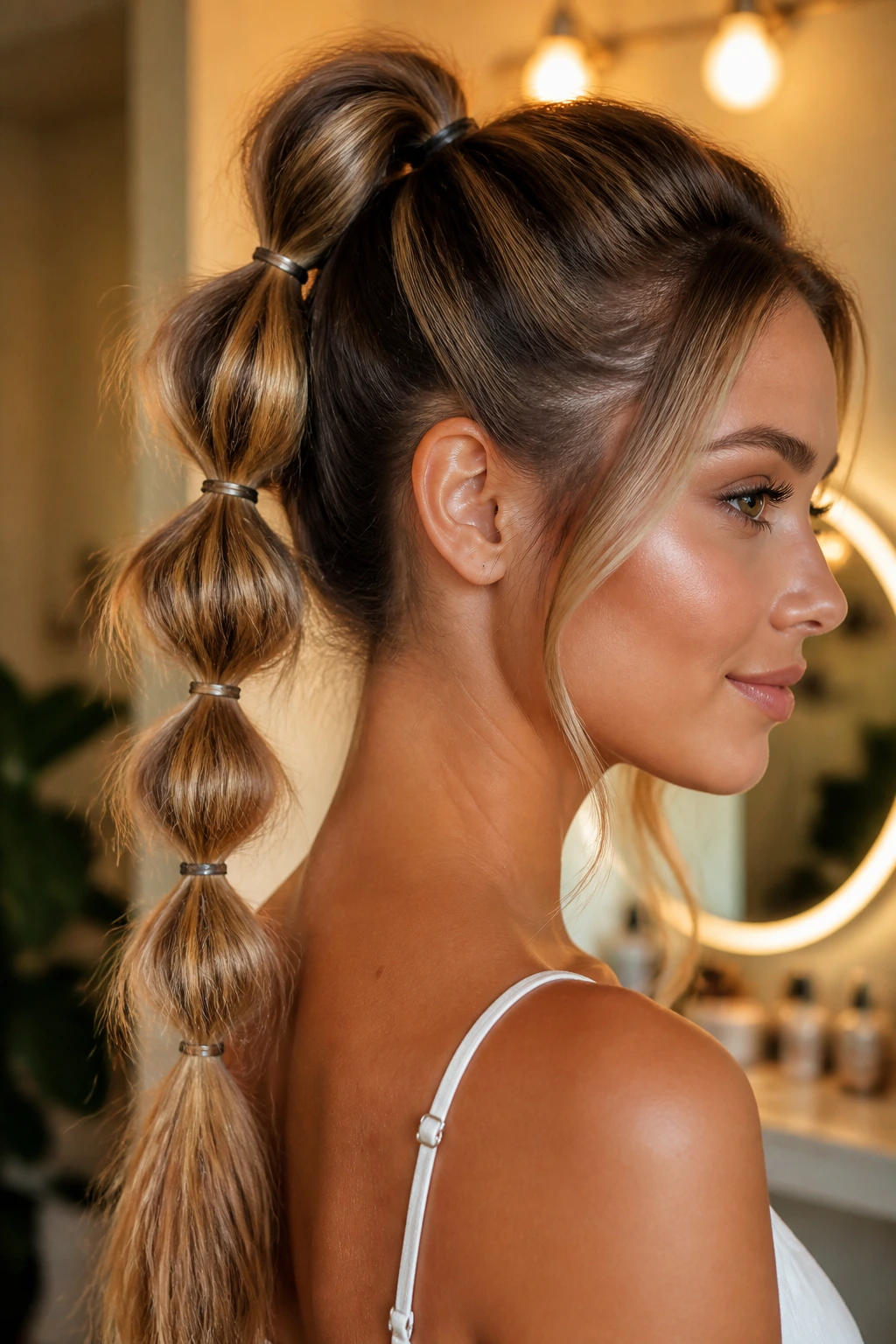 Real person with mini elastic sections along a high ponytail
