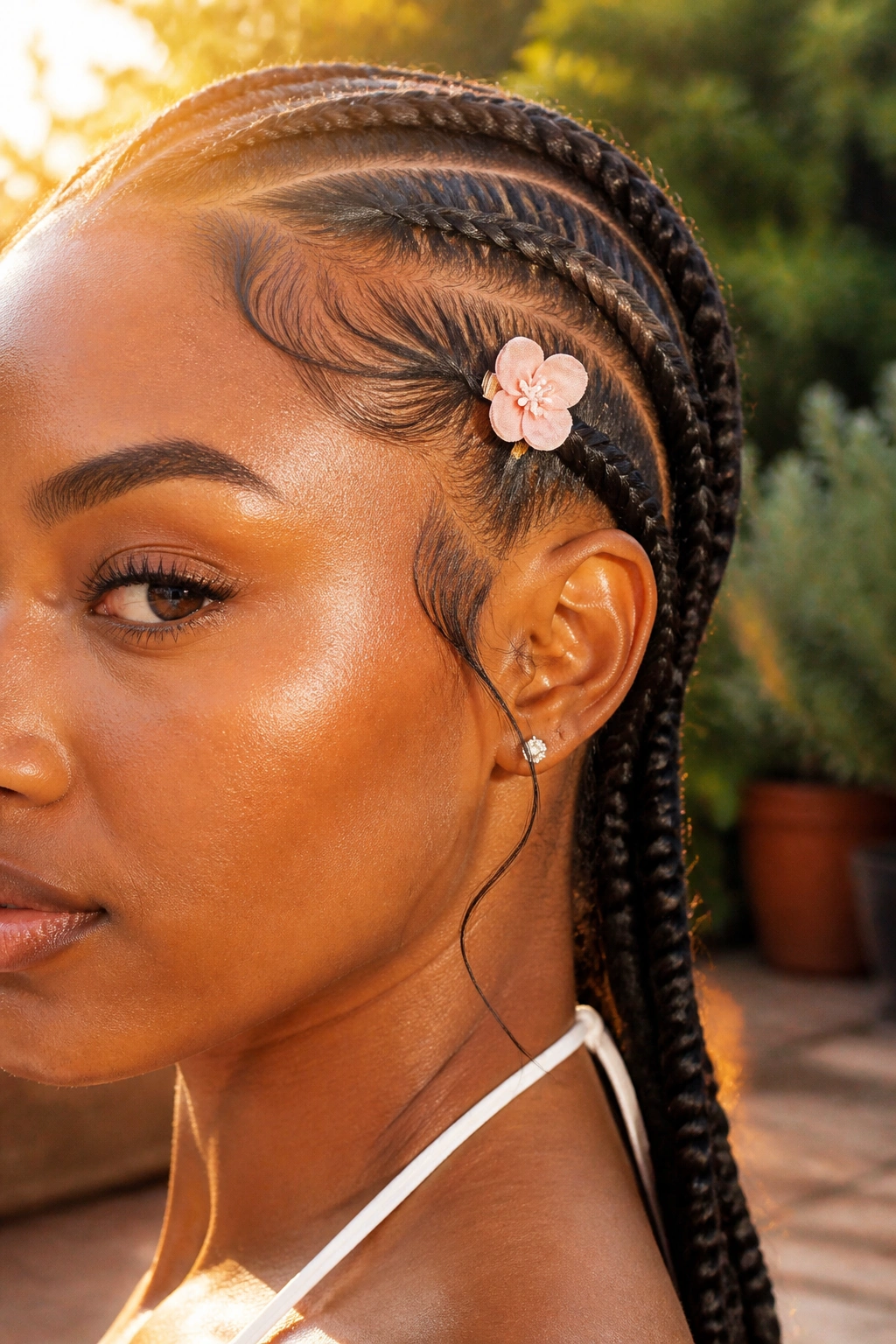 Close-up of a braid with a single mini flower clip at the temple