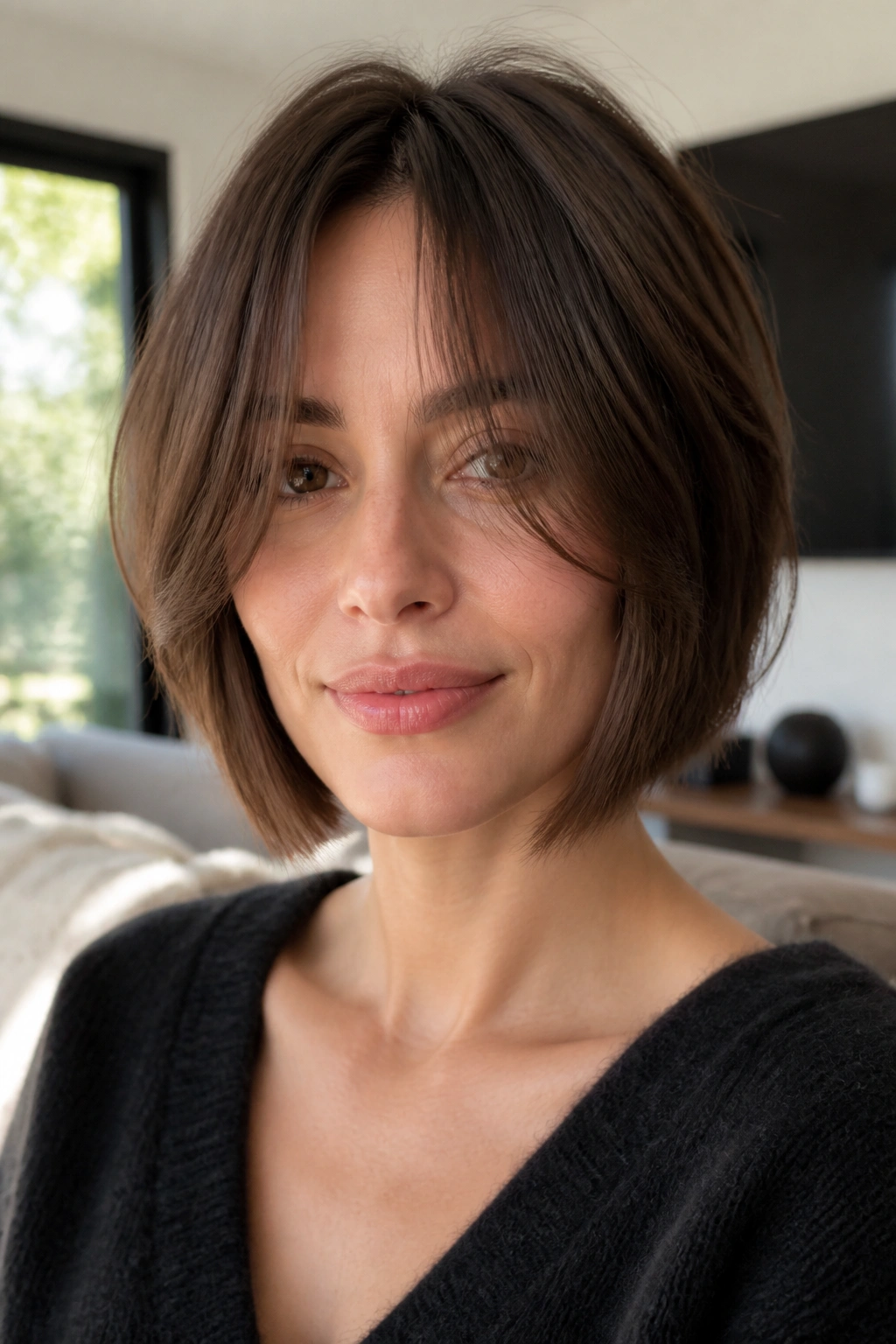 Close-up portrait of a real woman with a mini French bob and extra-long curtain bangs