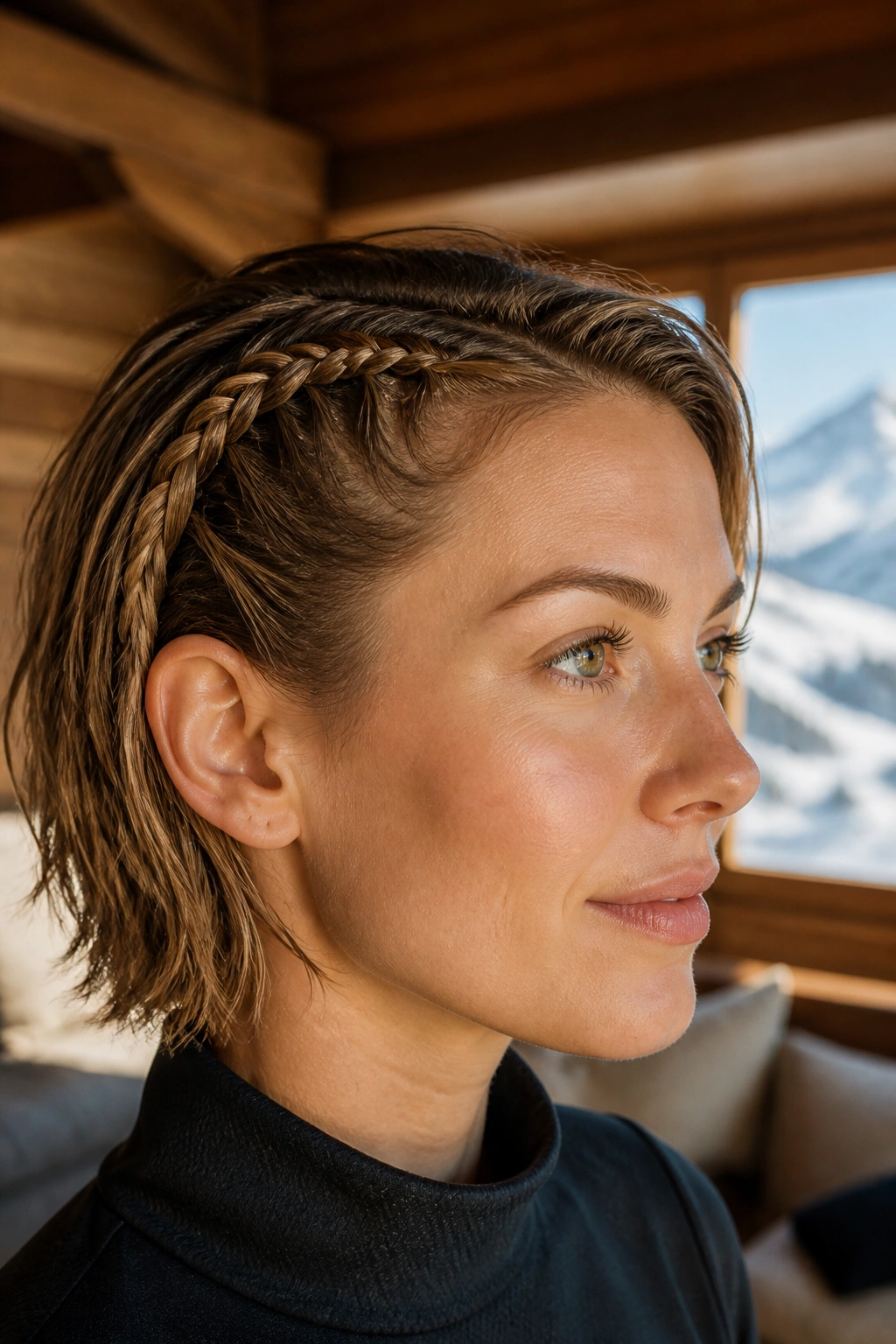 Close-up of a woman with a tiny French braid along the hairline anchored behind the temple