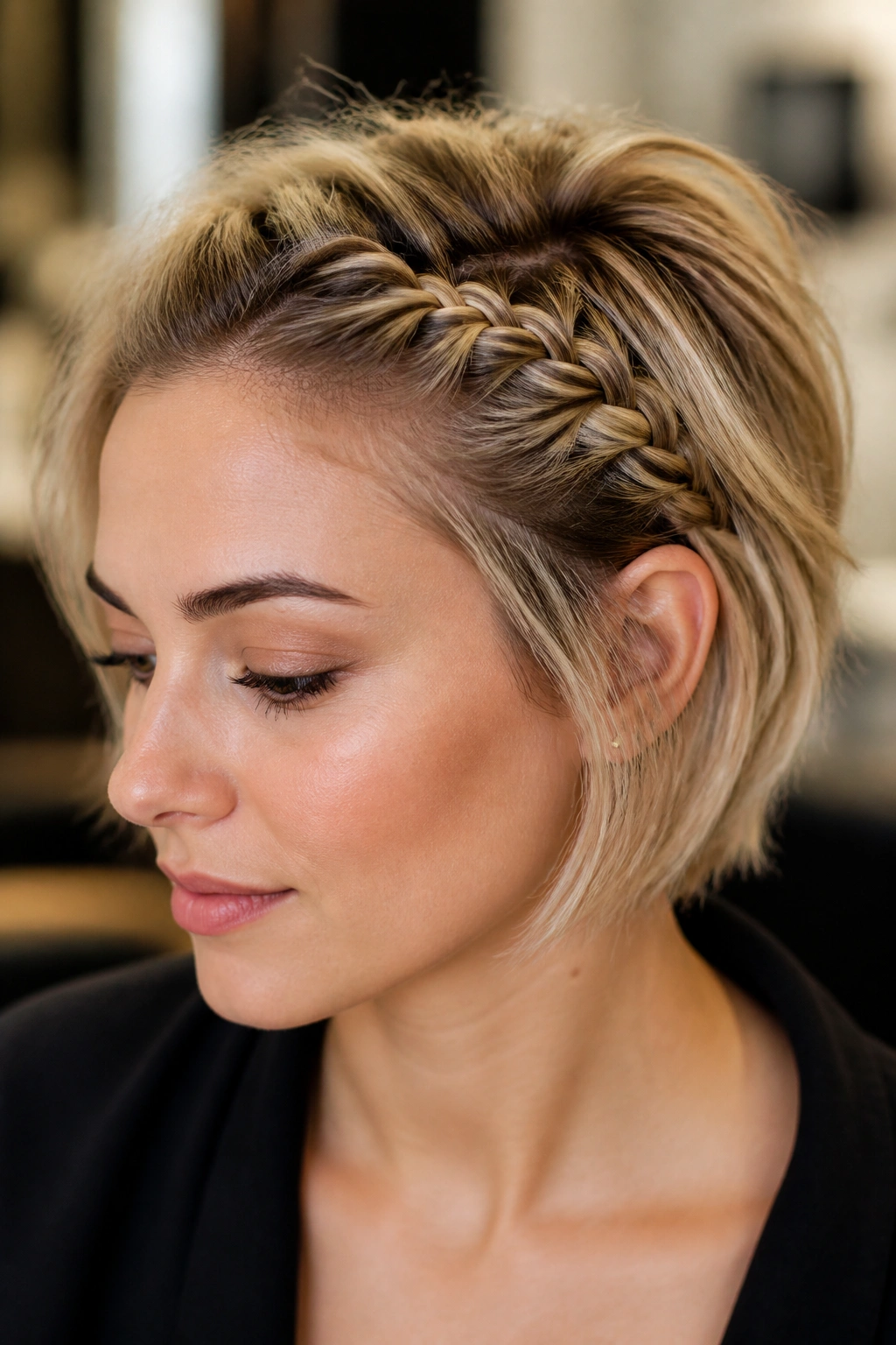 Close-up of real woman with a mini French braid on short hair