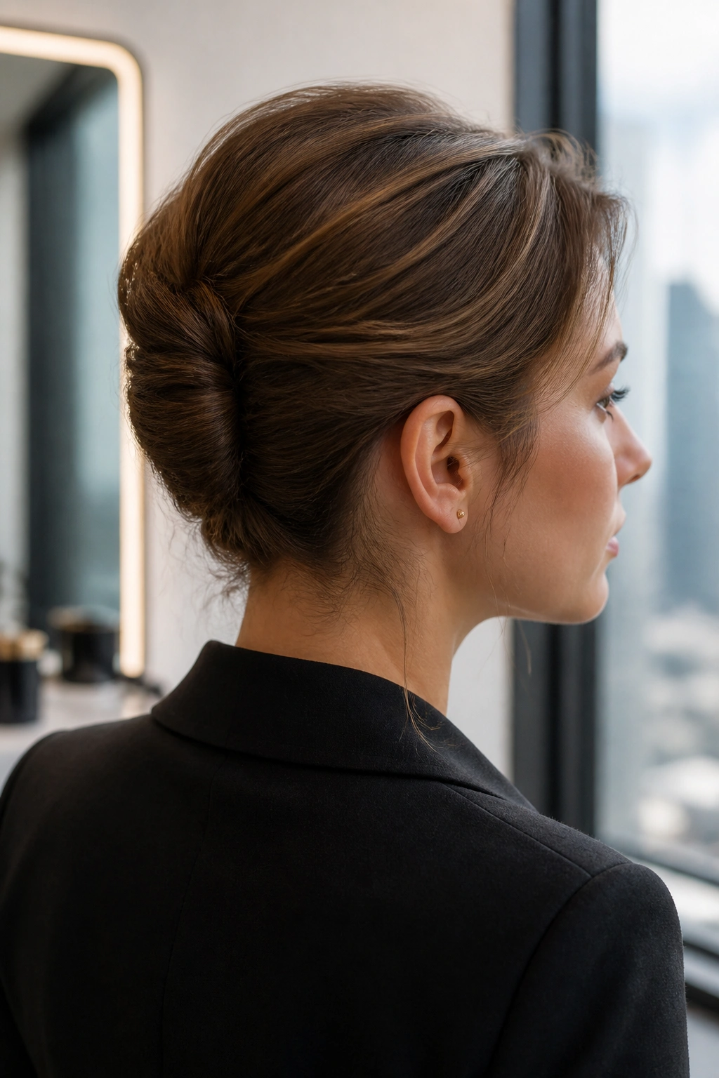 Close-up portrait of a real woman with a mini French twist at the back