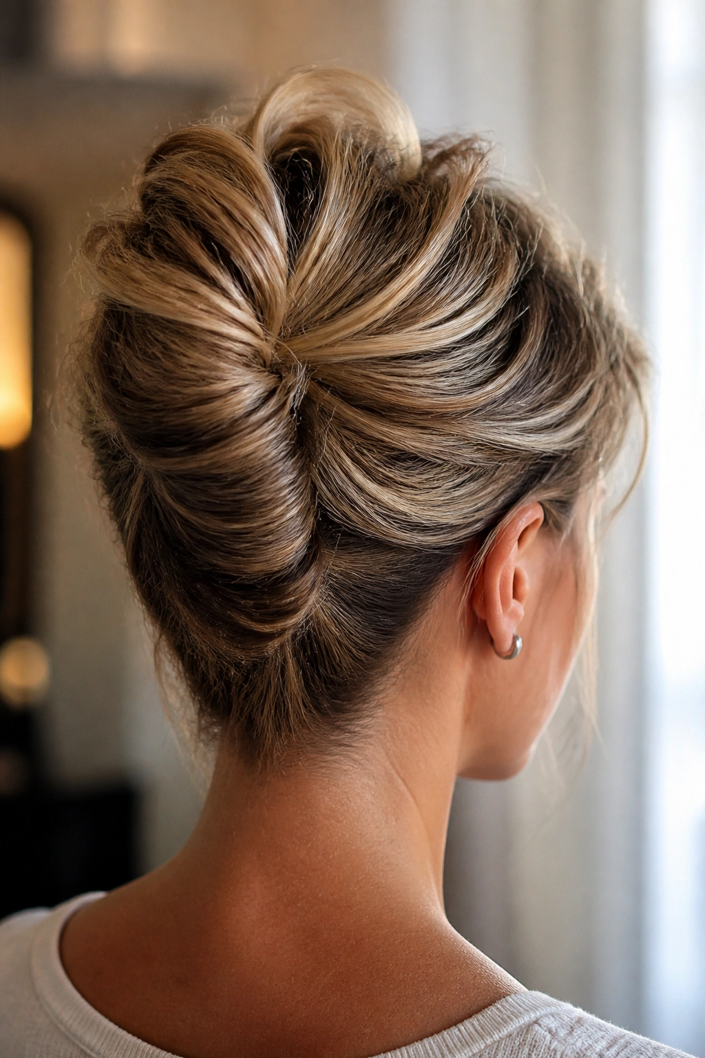 Close-up of crown with a mini French twist rolled into the back on a real person