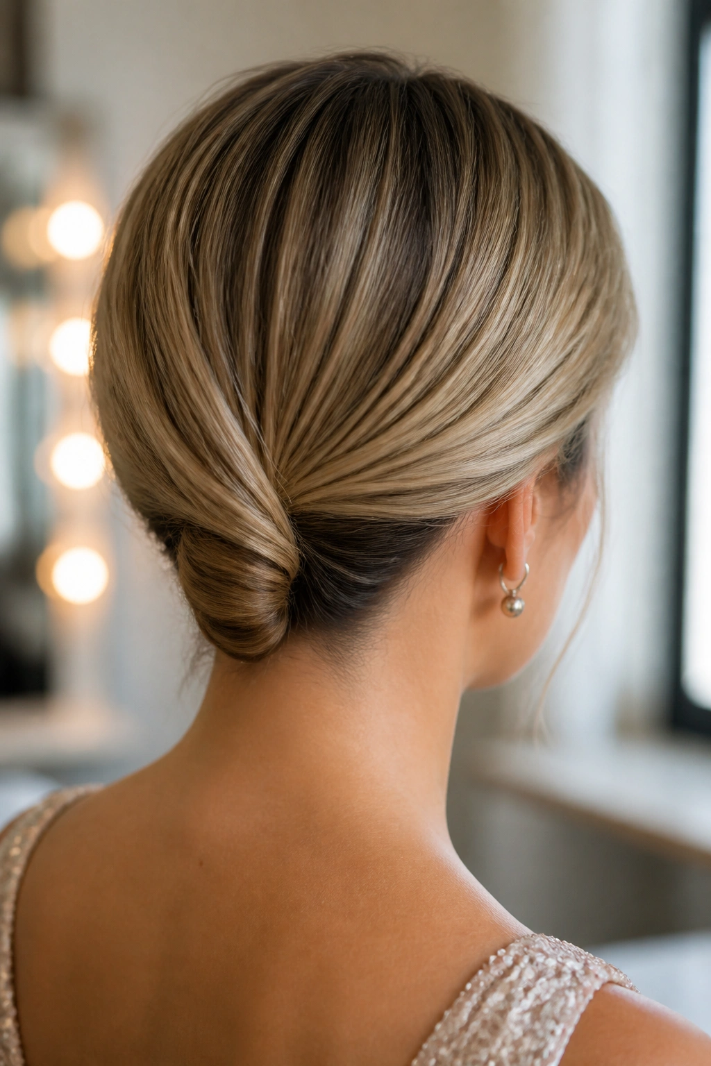 Back view of a real woman showing a tiny French twist at the nape.