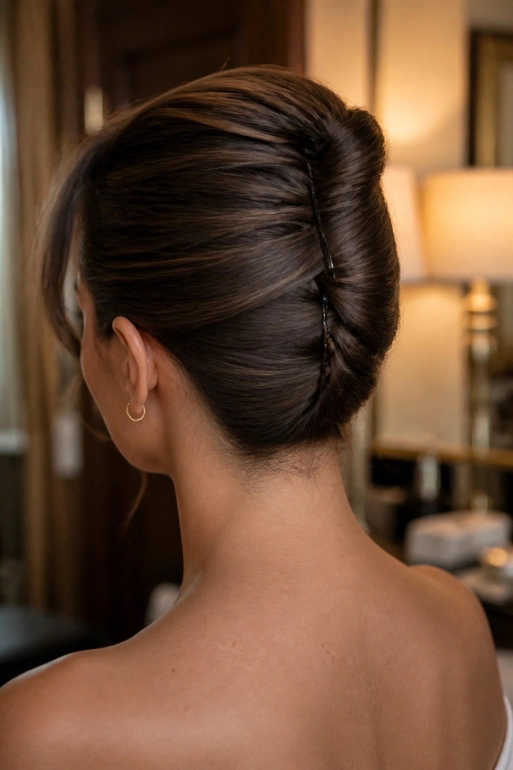 Three-quarter back view of a real woman with a mini French twist secured with pins.