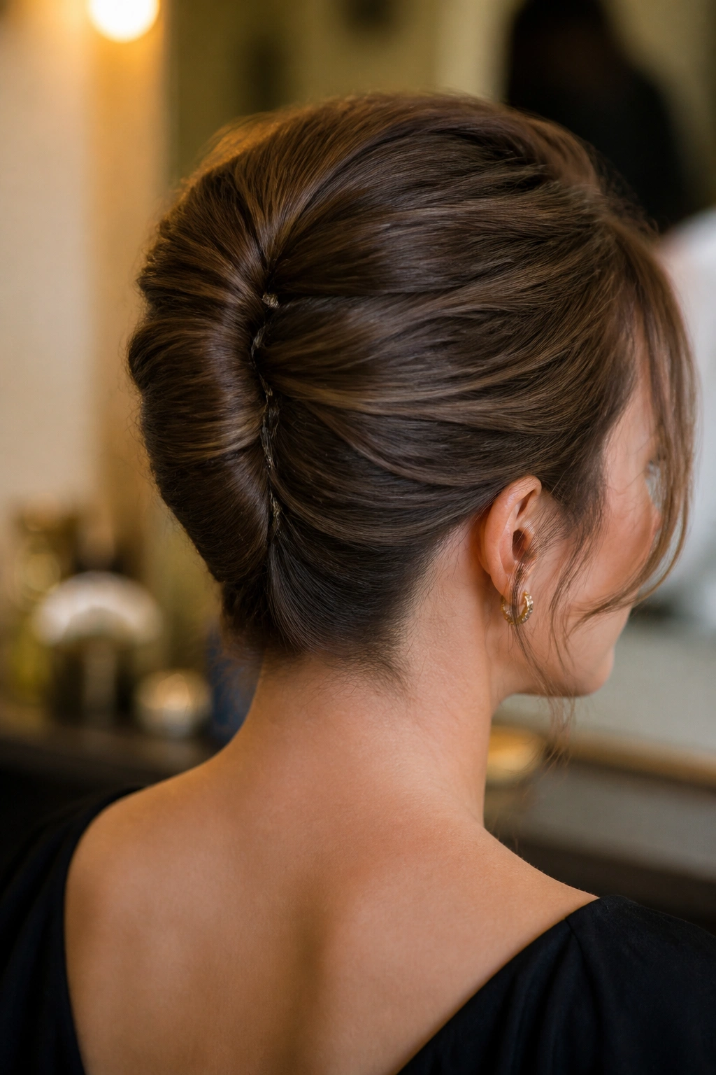 Rear three-quarter close-up of a real person with a mini French twist at the nape