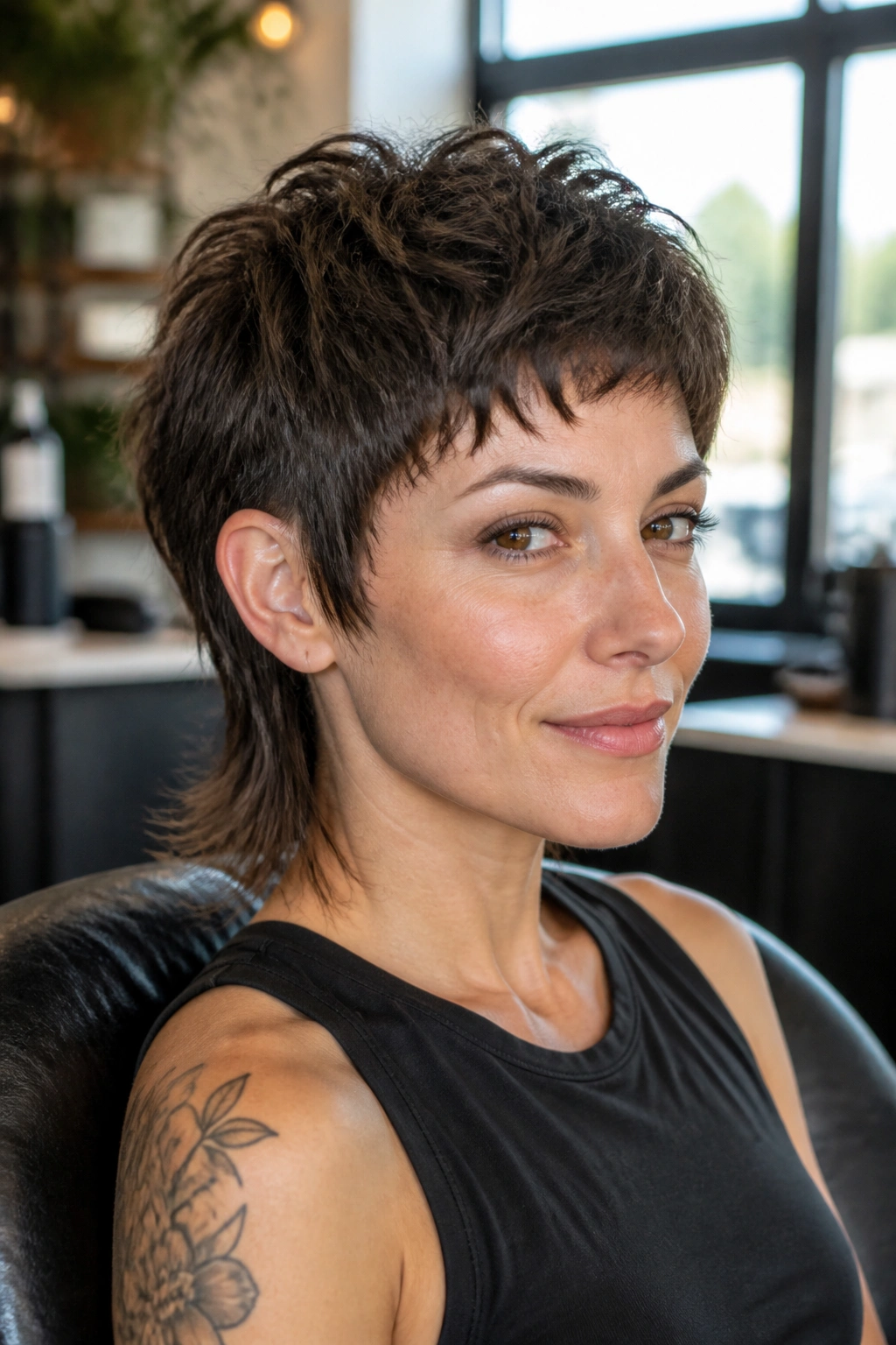 Close-up portrait of a real woman with a mini mullet pixie and longer back in a salon.