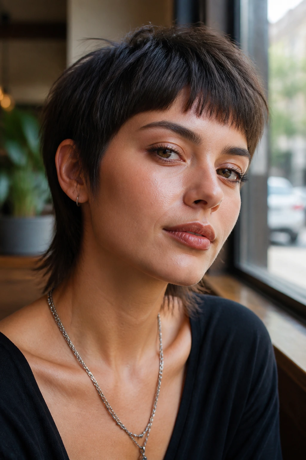 Real woman with mini mullet pixie wolf on straight hair