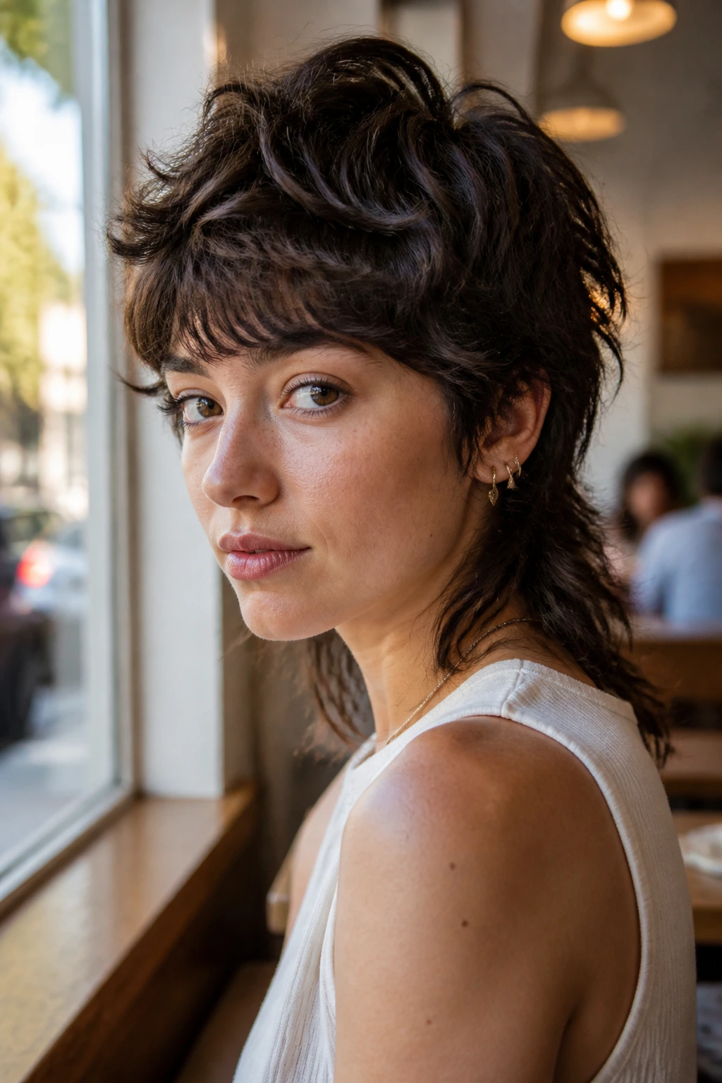 Close-up portrait of a real person with a shaggy mini-mullet, front and sides shaggy and back longer.