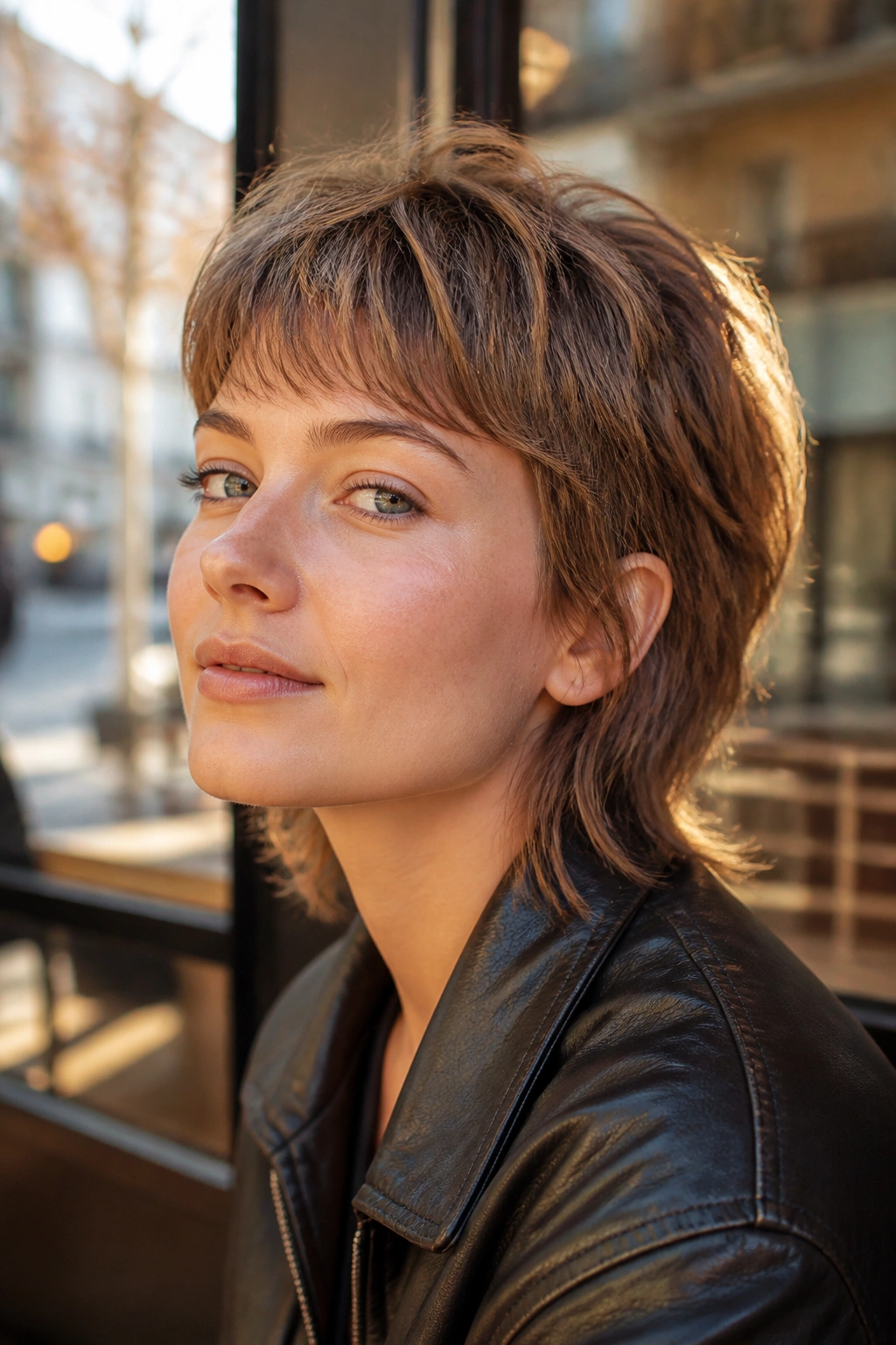 Close-up portrait of a real person with a mini mullet featuring soft edges and a longer nape.