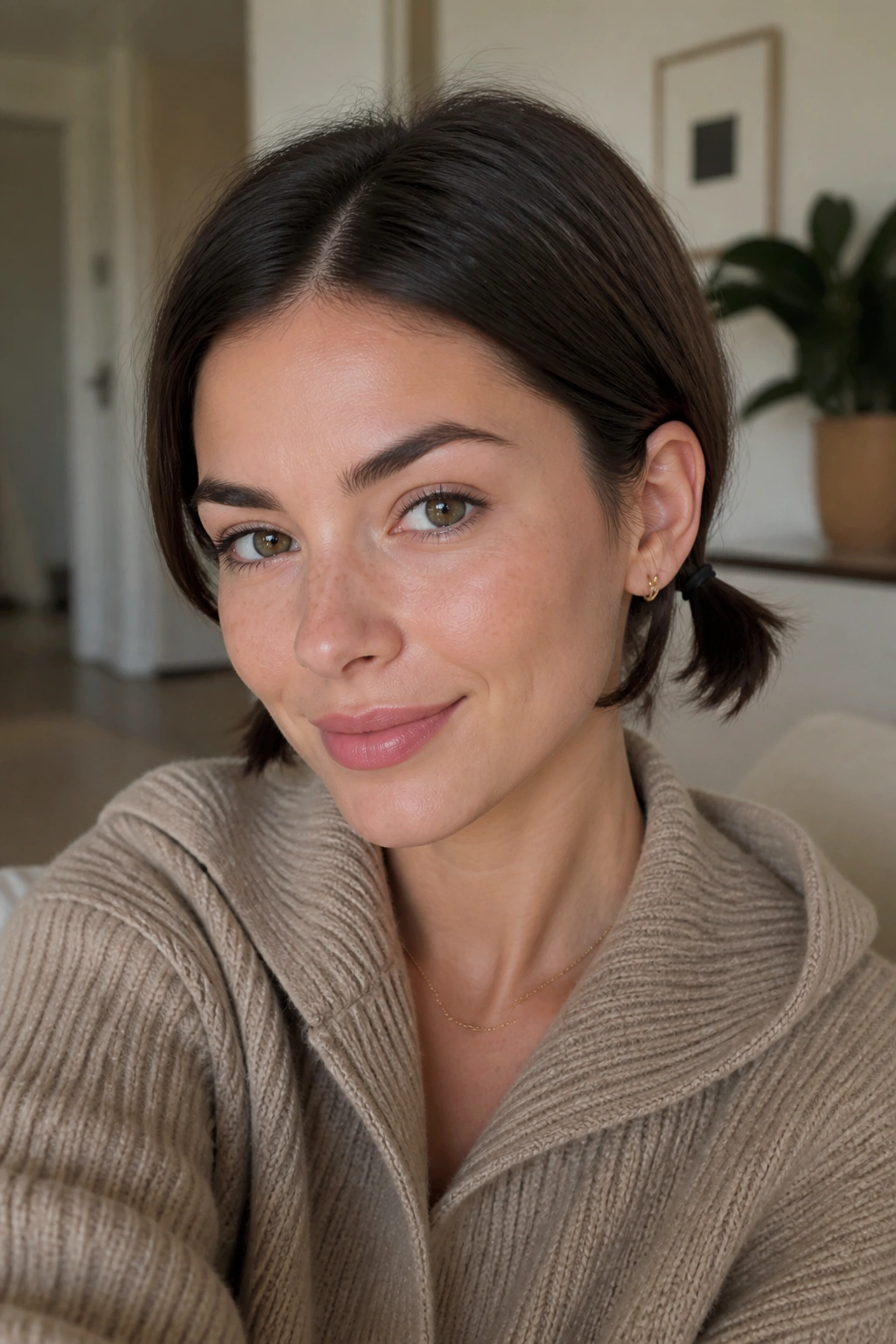 Two small pigtails on short hair, portrait.