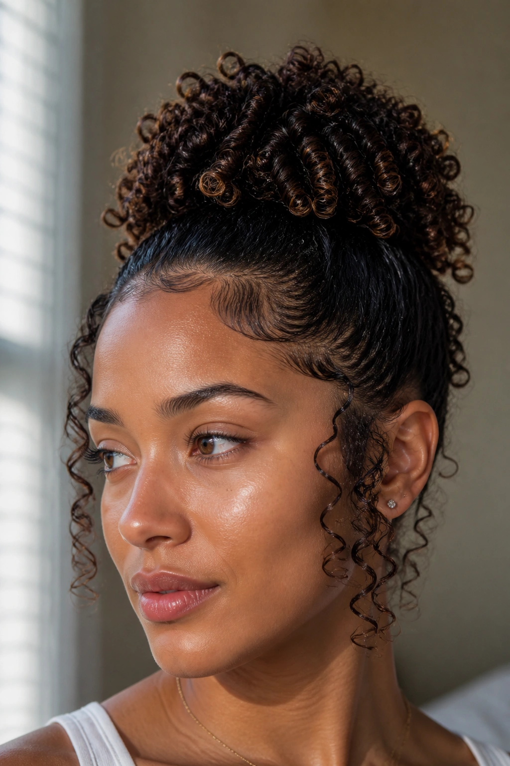 Close-up of a real woman with a high mini pineapple crown and laid edges.