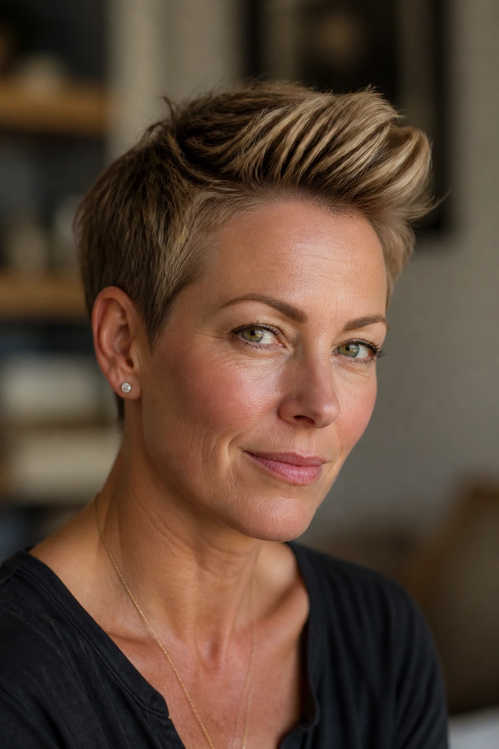 Portrait of a person with a mini pompadour on a short haircut.