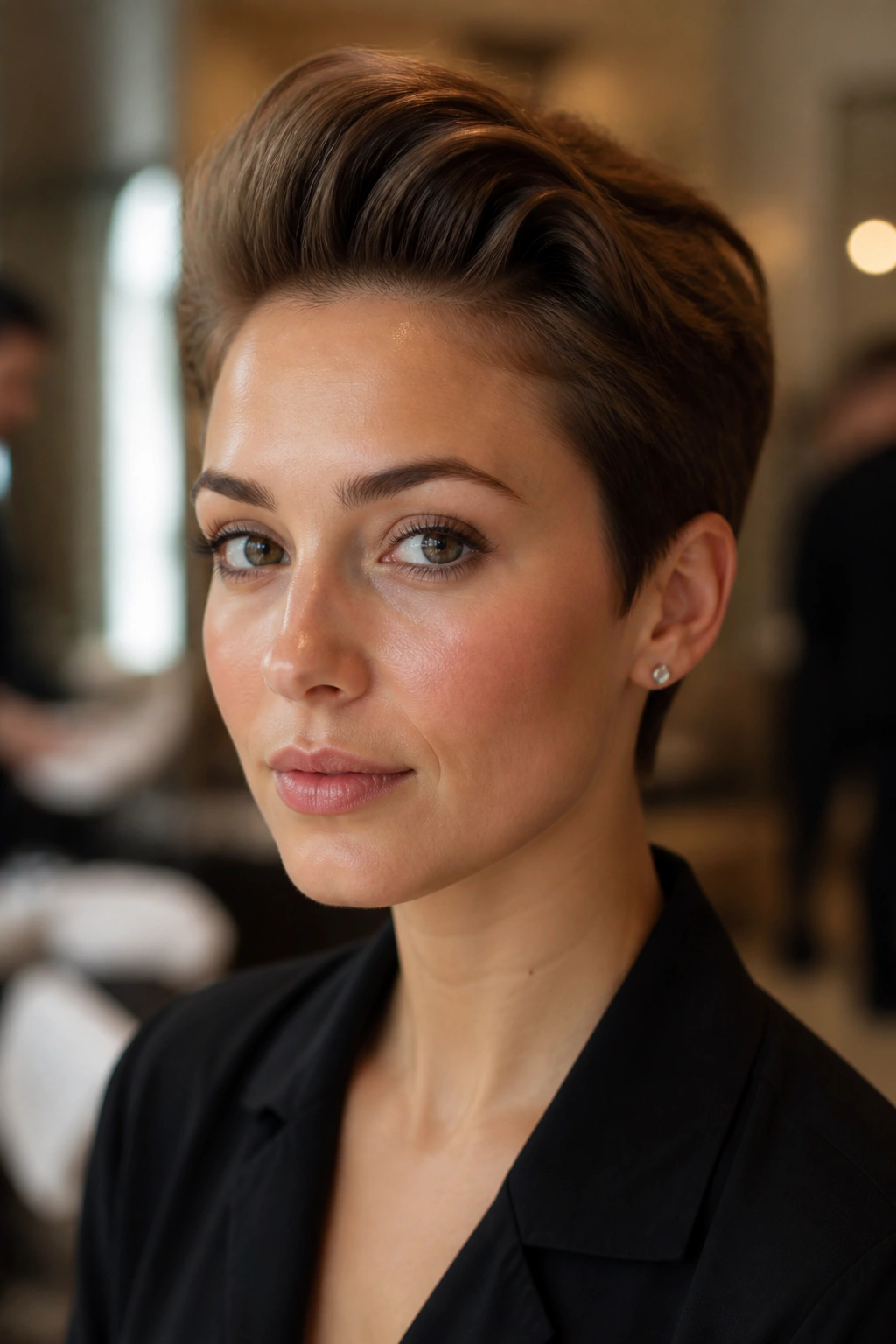 Close-up of a real woman with a mini pompadour on short hair, formal styling