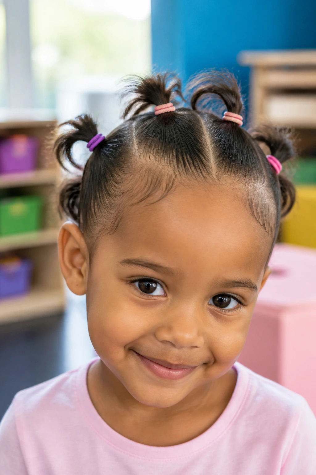 Close-up of multiple mini ponies on a real child's head in a classroom
