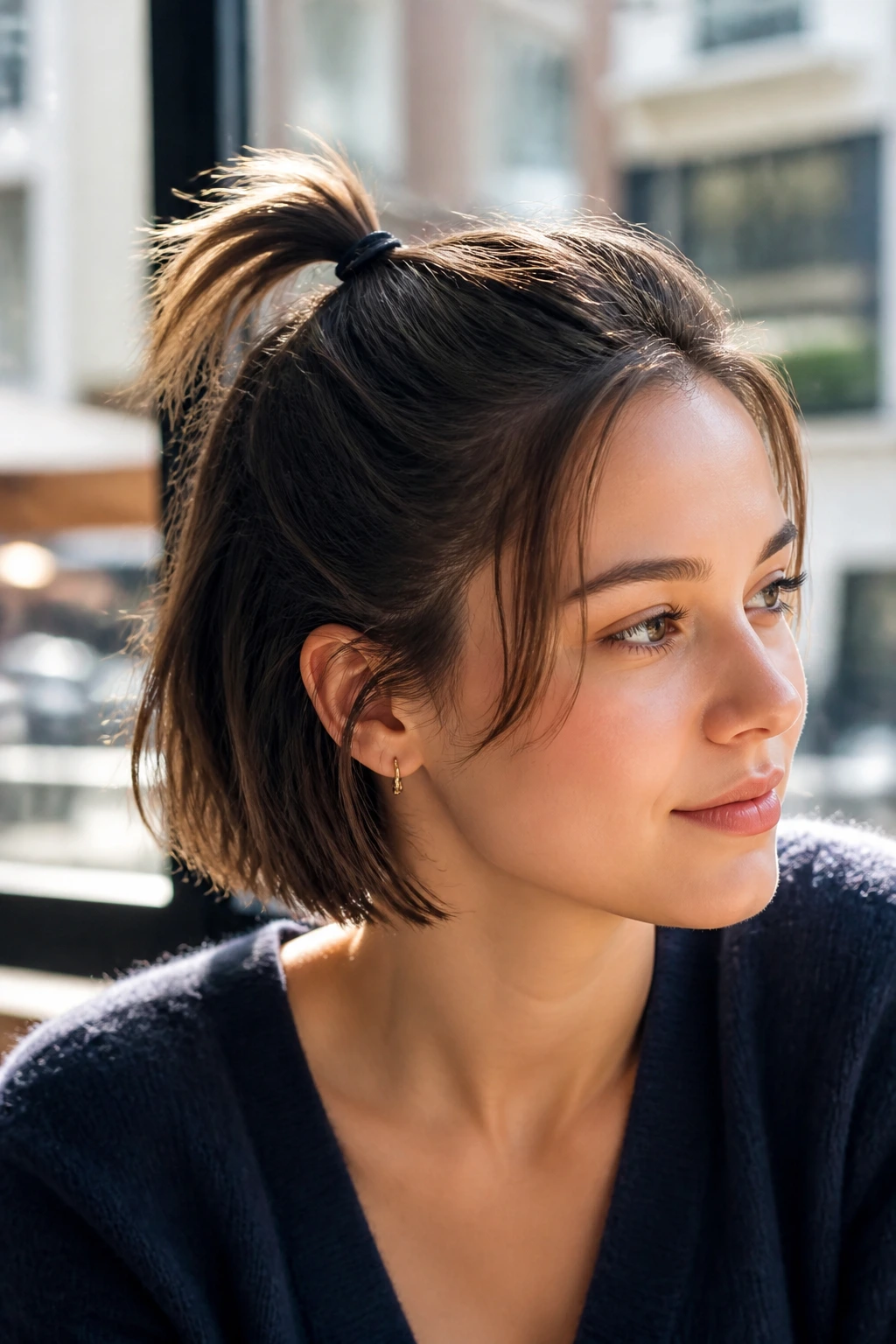 Close-up portrait of a real person with a tiny crown mini ponytail for short hair
