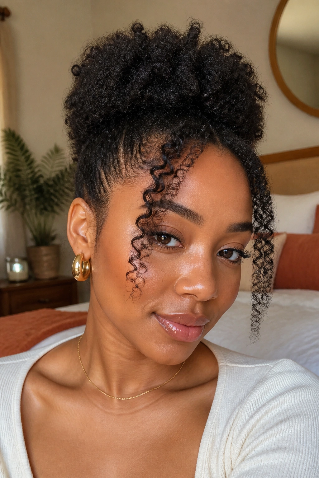 Close-up portrait of a Black woman with a mini puff and face-framing curls.