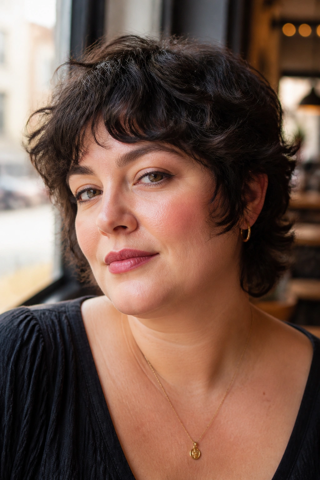 Close-up of a real woman with a mini shag and cheekbone layers by a cafe window