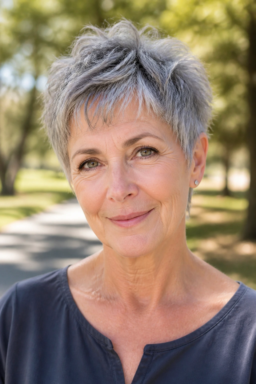 Close-up portrait of a real woman with a mini shaggy pixie and gray hair in natural outdoor light.