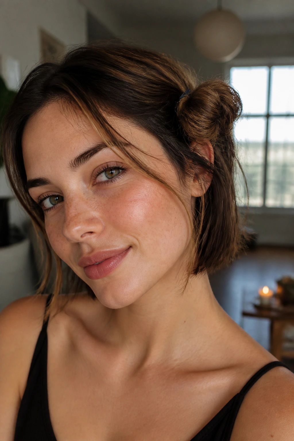 Real woman with a small side bun on short hair