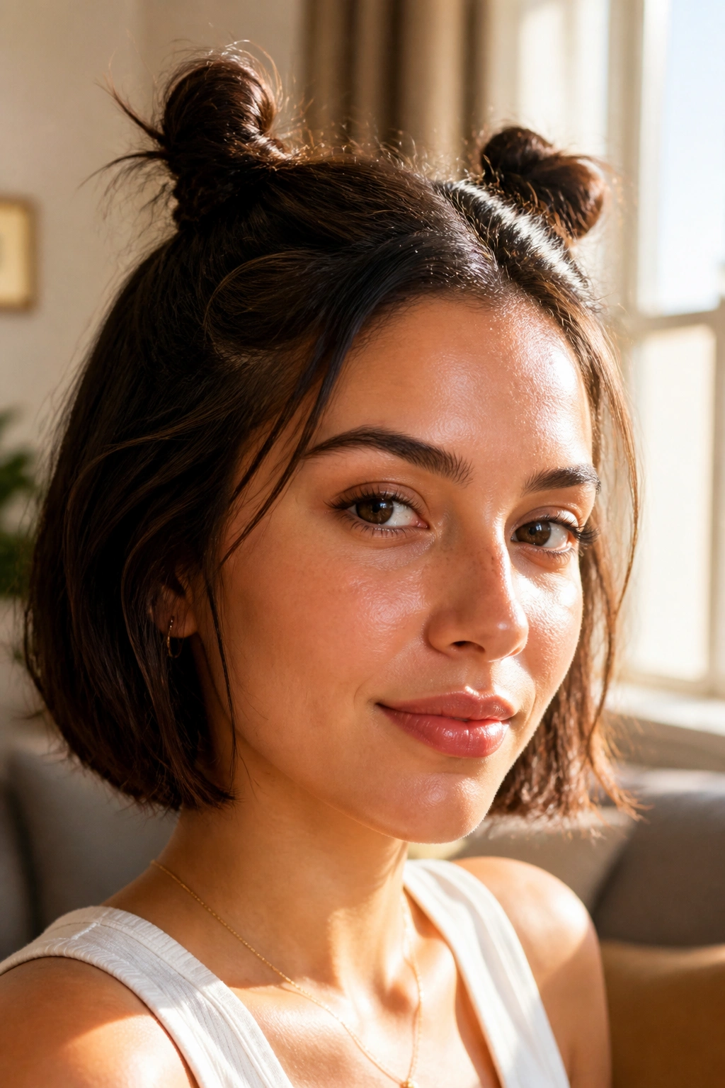 Close-up portrait of a real woman with a bob and two mini space buns in warm sunlit lighting