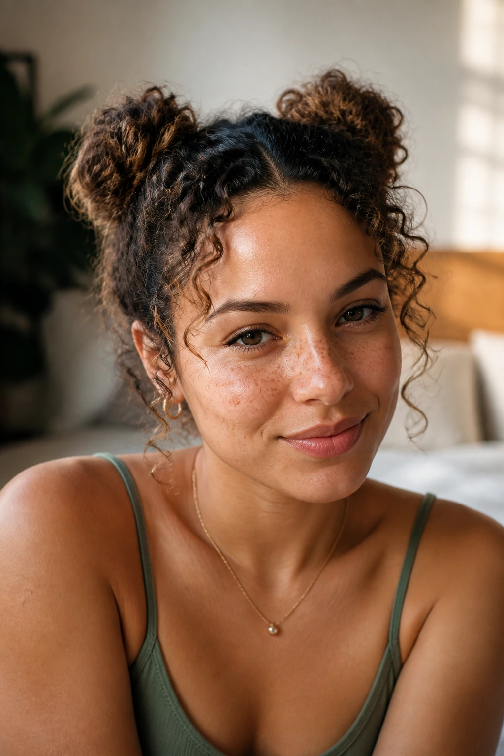 Close-up of a real woman with mini space buns and loose curls in warm window light