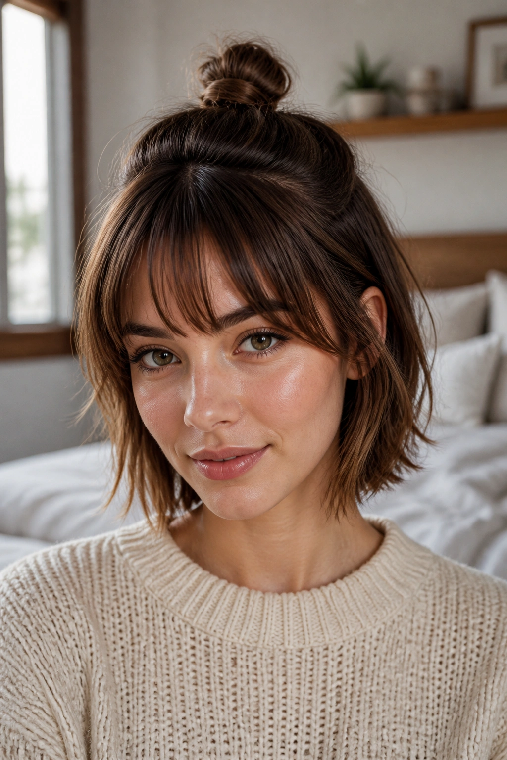 Close-up of a real woman with a mini top knot half-up and bangs.