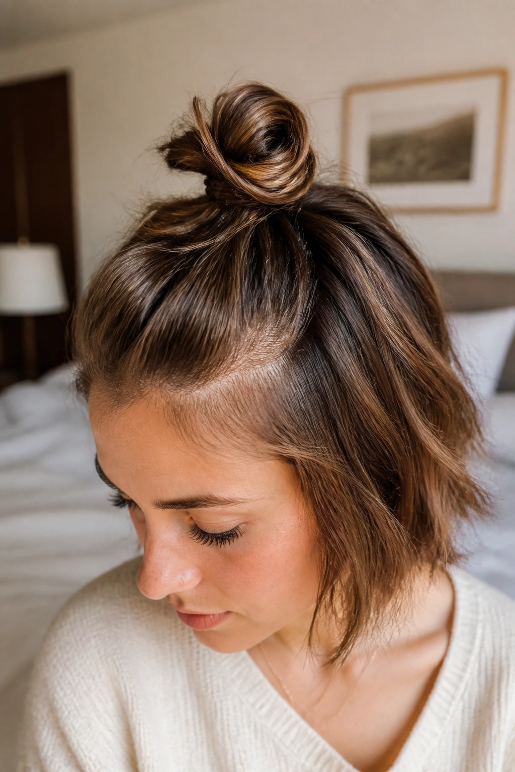 Close-up of a real woman with a mini half-up top knot for short hair