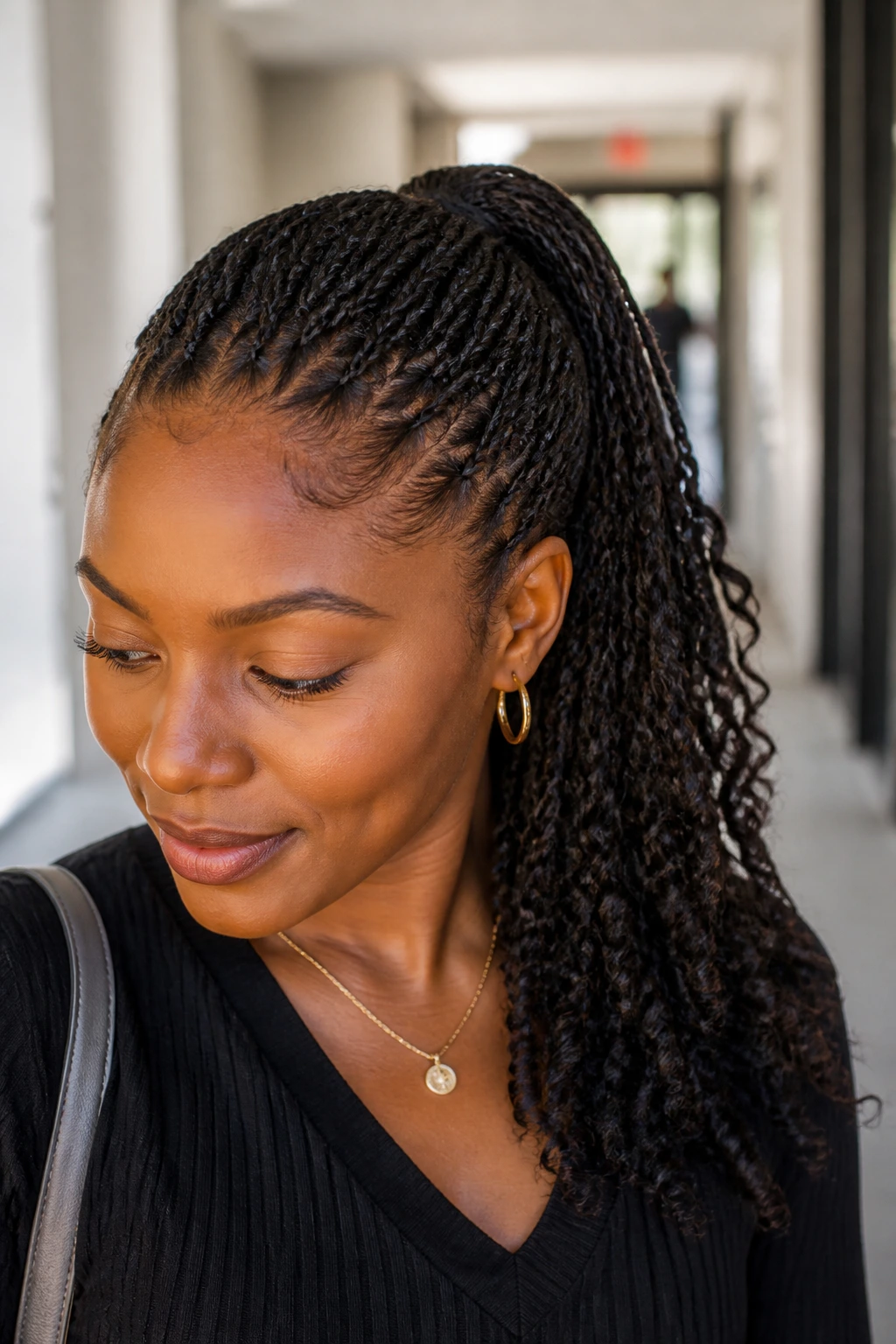 Close-up of a real woman with mini twists forming a dense ponytail with loose ends