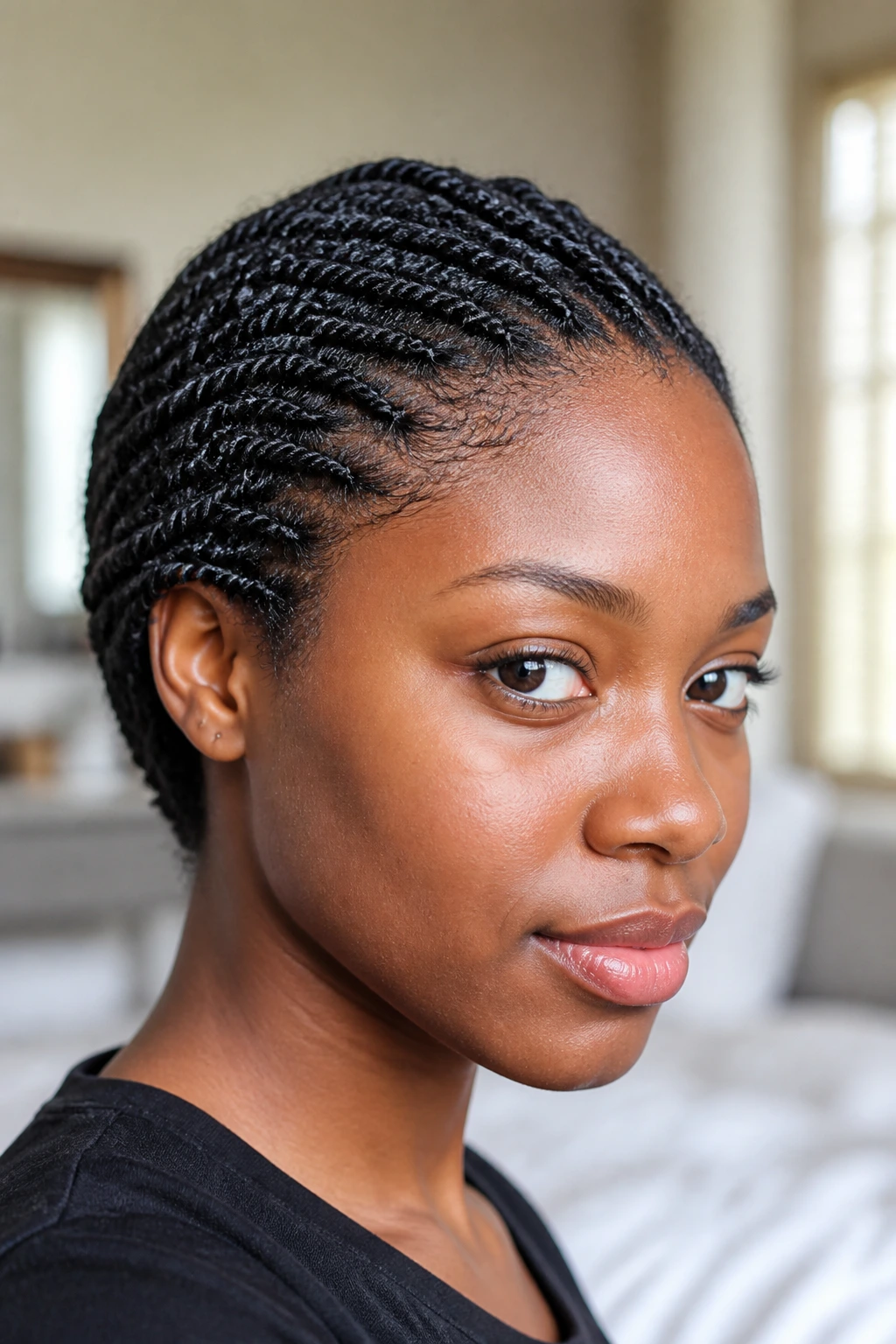 Close-up of a real woman with mini twists, showing 4C texture and tucked ends