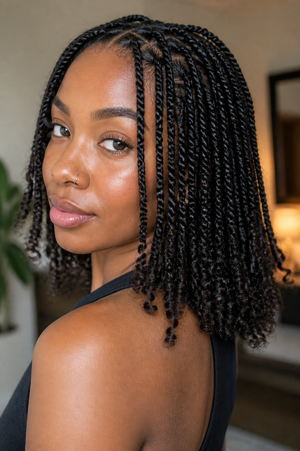 Real woman with mini twists and curly ends close-up portrait