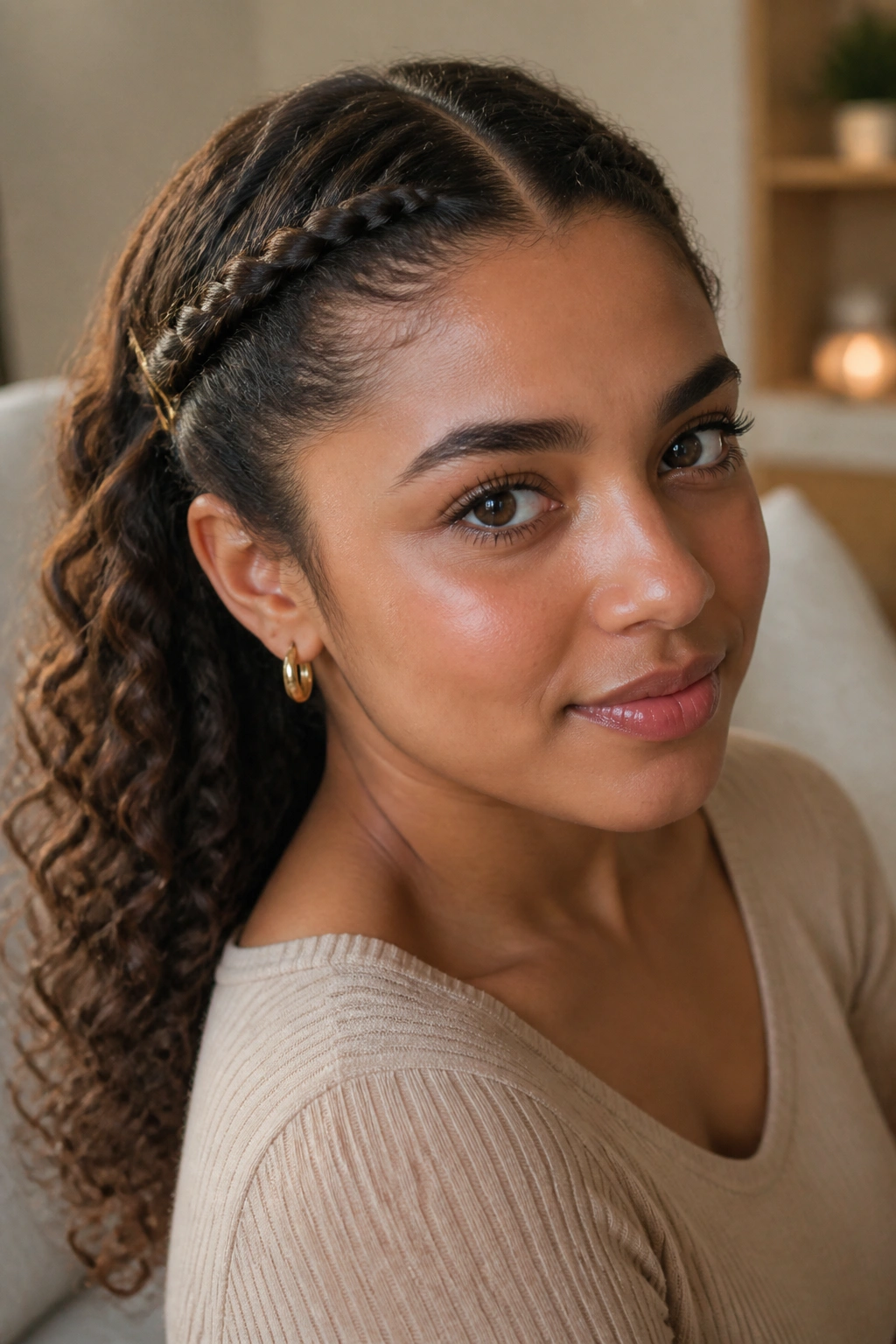 Close-up of a real person with front mini twists and curls down the back