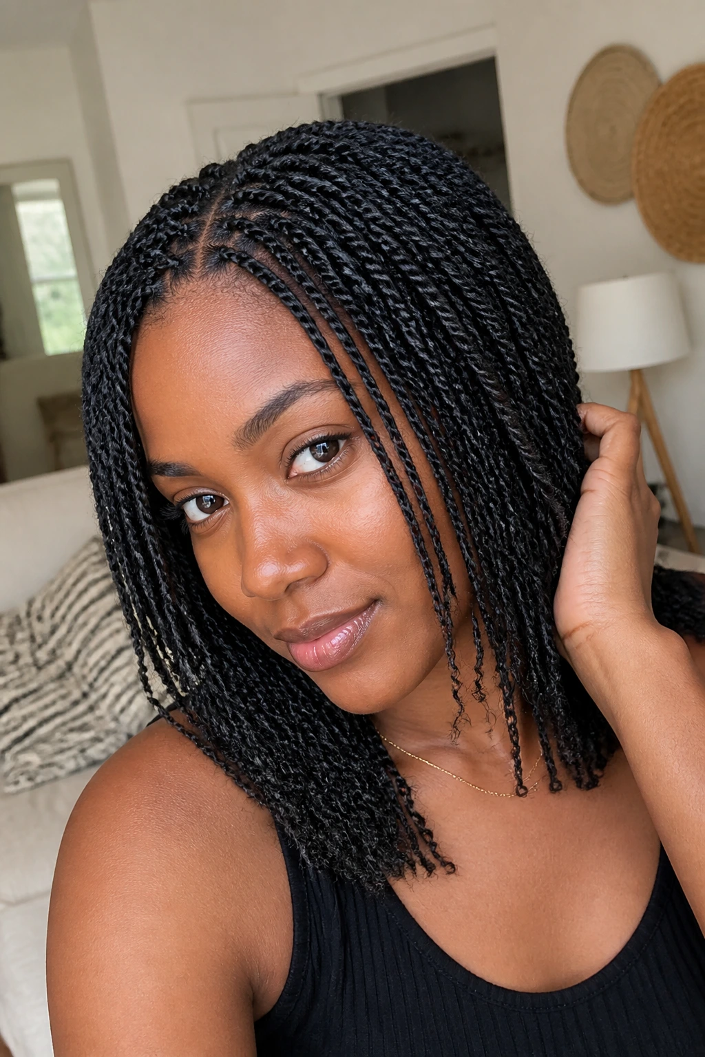 Close-up of a person with mini twists in a bright living room