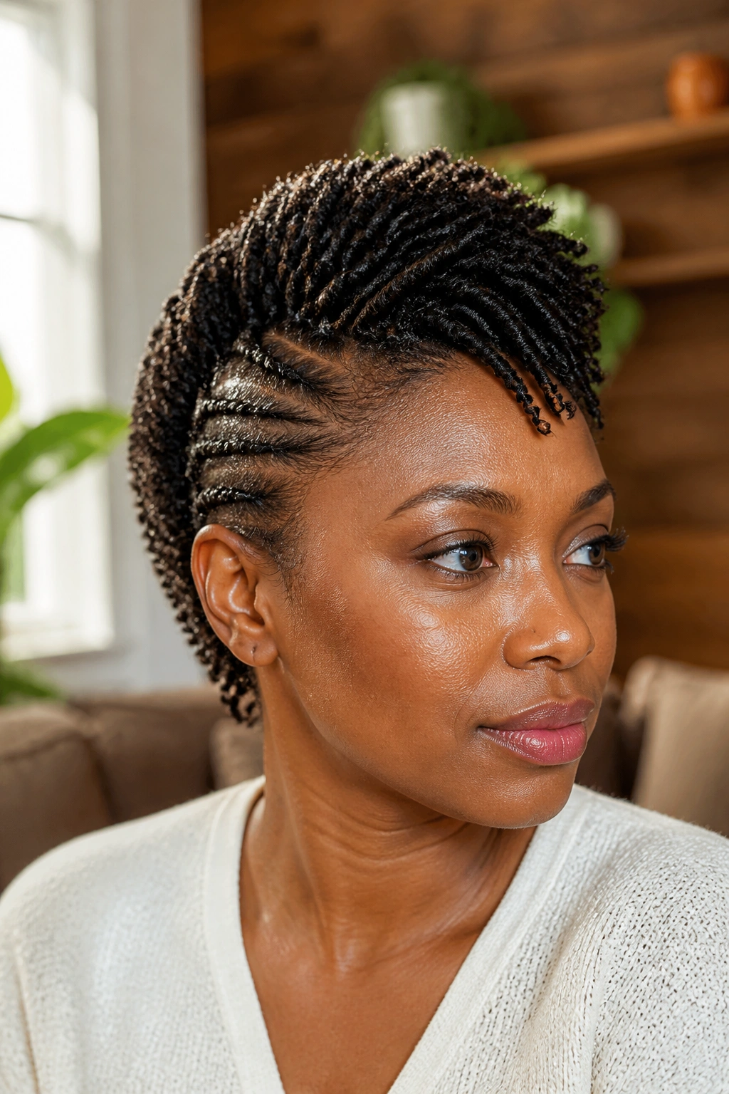 Close-up of a real Black woman's mini twist Mohawk in warm window light