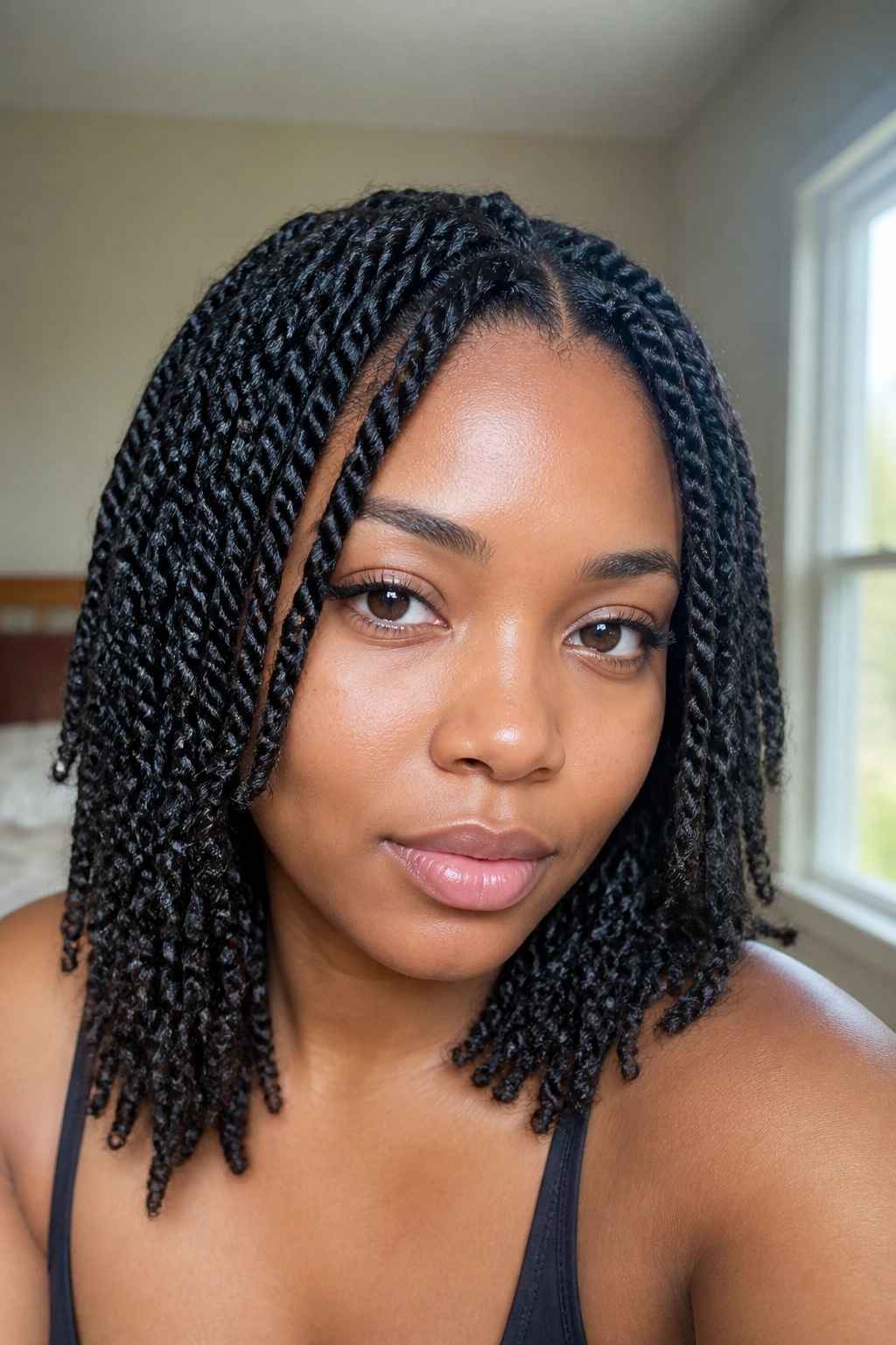 Close-up portrait of a real woman with mini twists in a softly lit bedroom