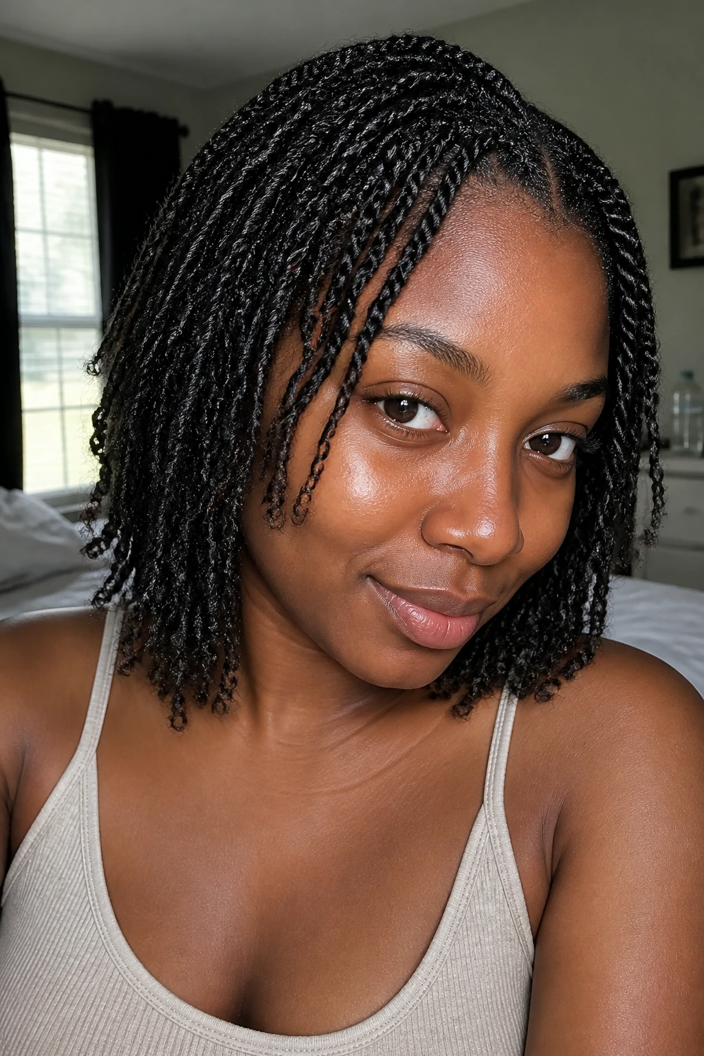 Close-up of a real Black woman with mini twists in warm indoor light