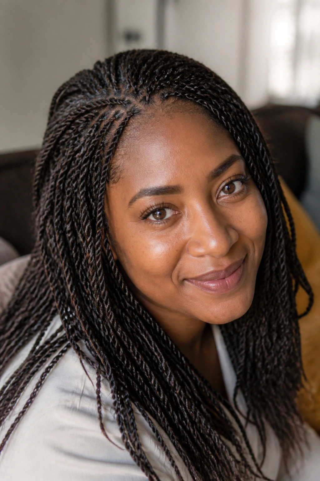 Close-up of a real person with many tiny mini twists neatly arranged around the head