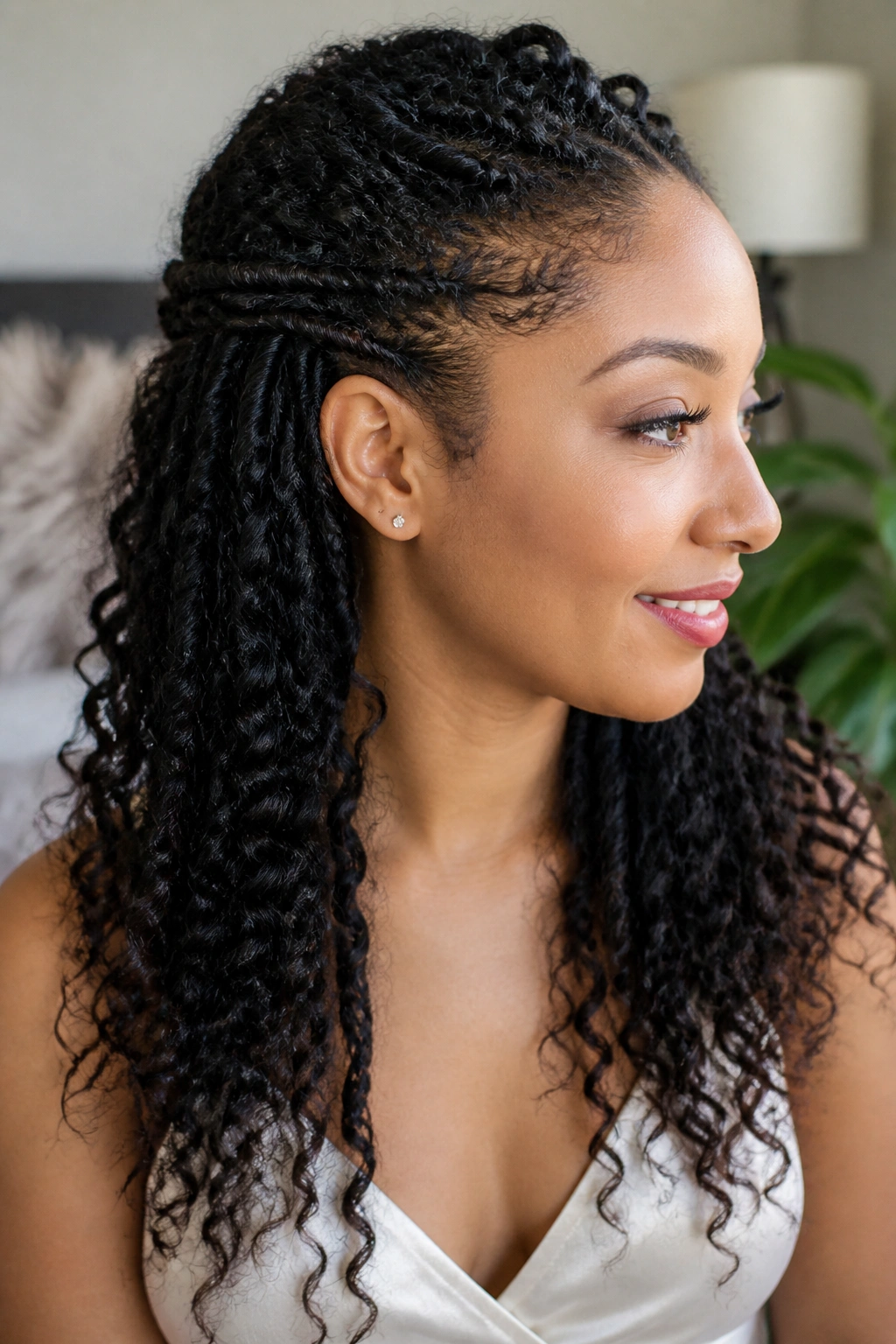 Close-up of a real person with mini twists pinned back open curls
