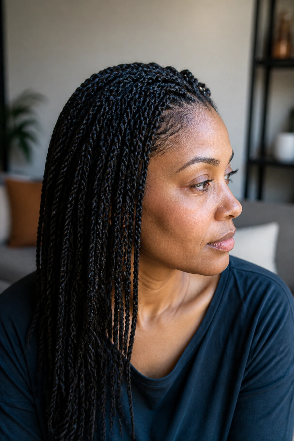 Close-up of a real woman with mini twists in warm indoor light